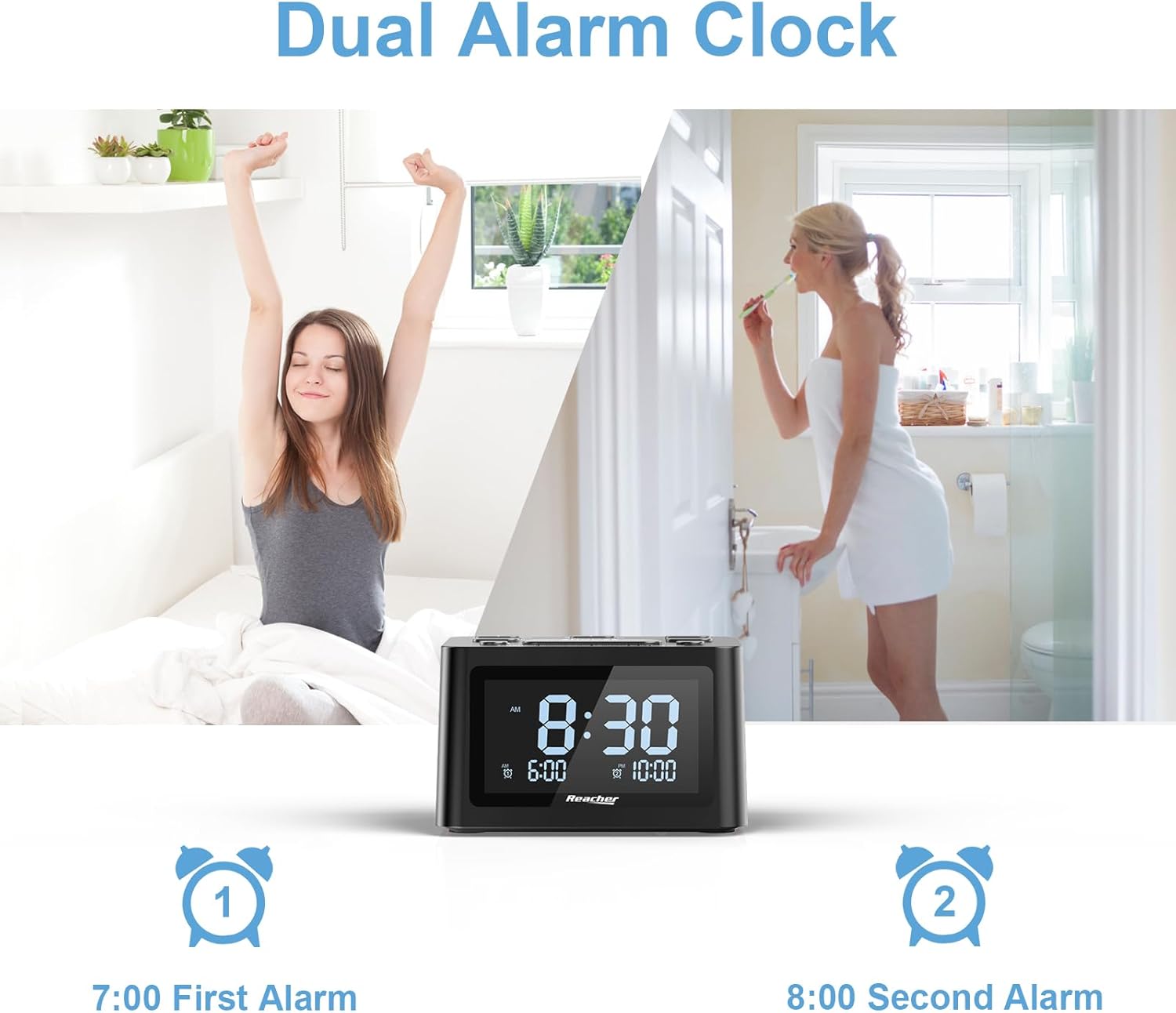 REACHER Dual Alarm Clock with Sleep Sound Machine and USB Charger