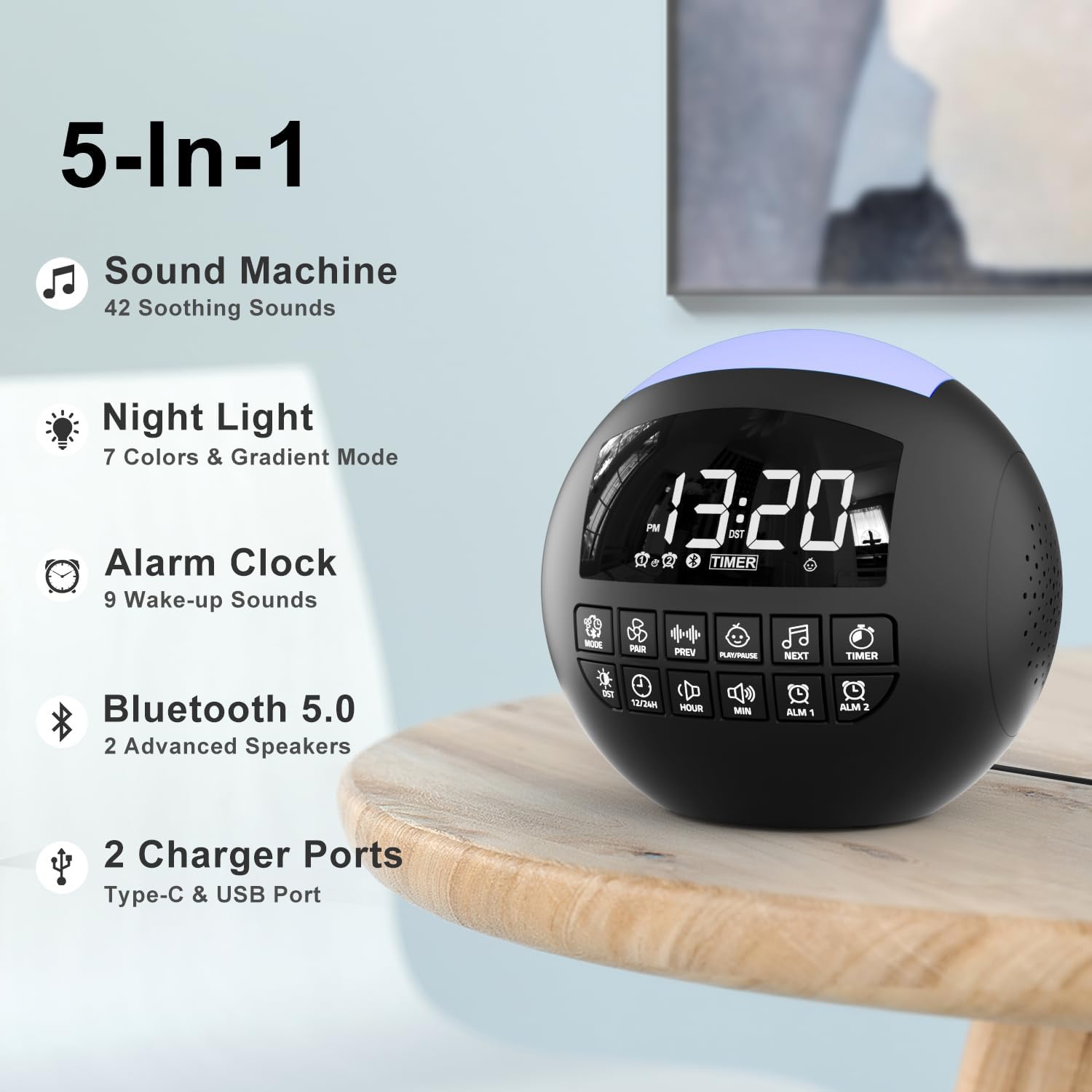 ROCAM 5-in-1 White Noise Machine with Bluetooth and Night Light