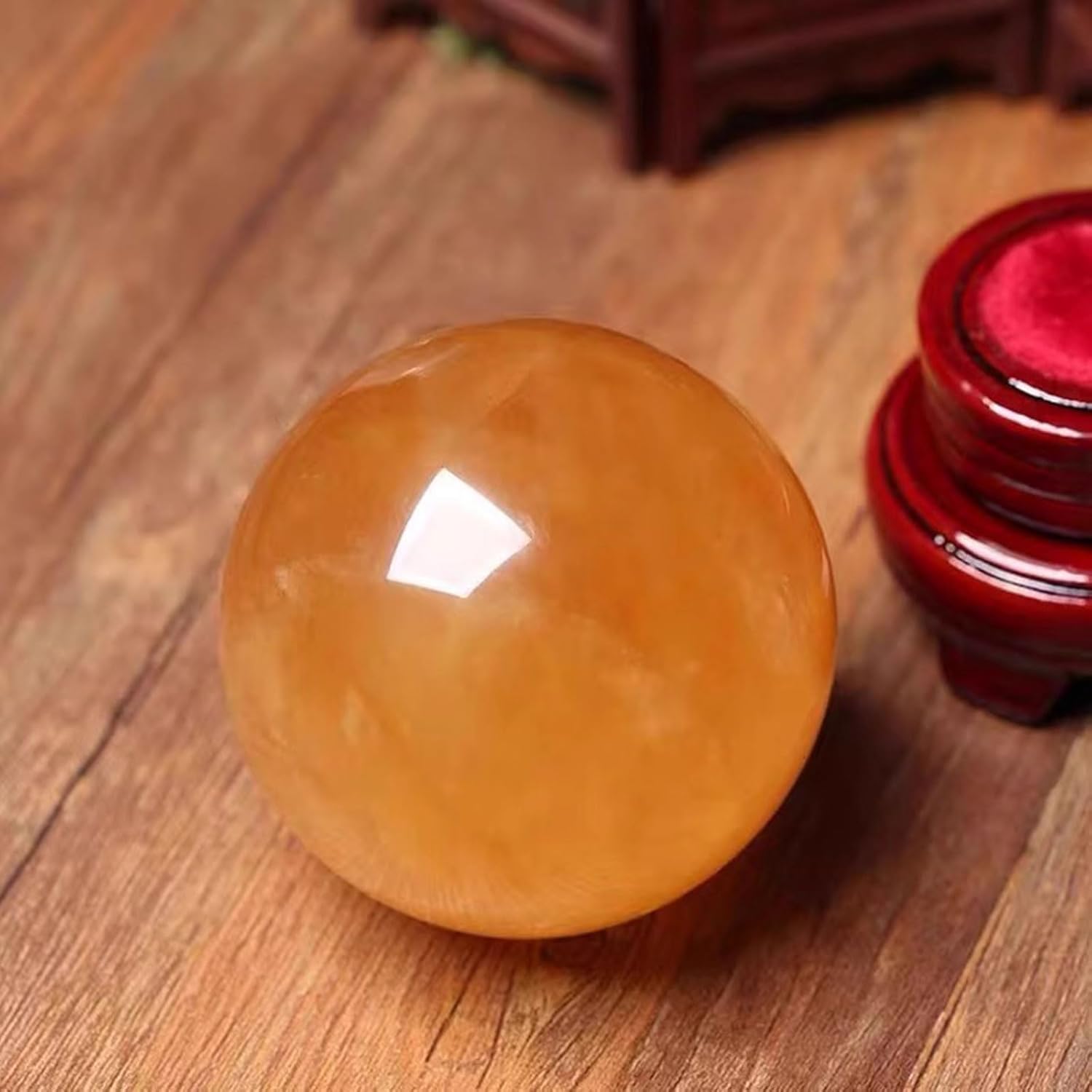 Yellow Calcite Quartz Crystal Sphere with Wooden Stand 9cm