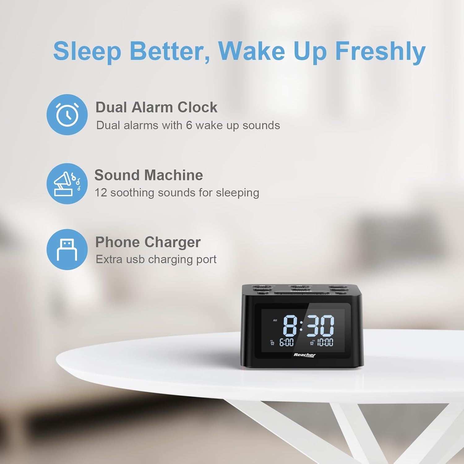 REACHER Dual Alarm Clock with Sleep Sound Machine and USB Charger