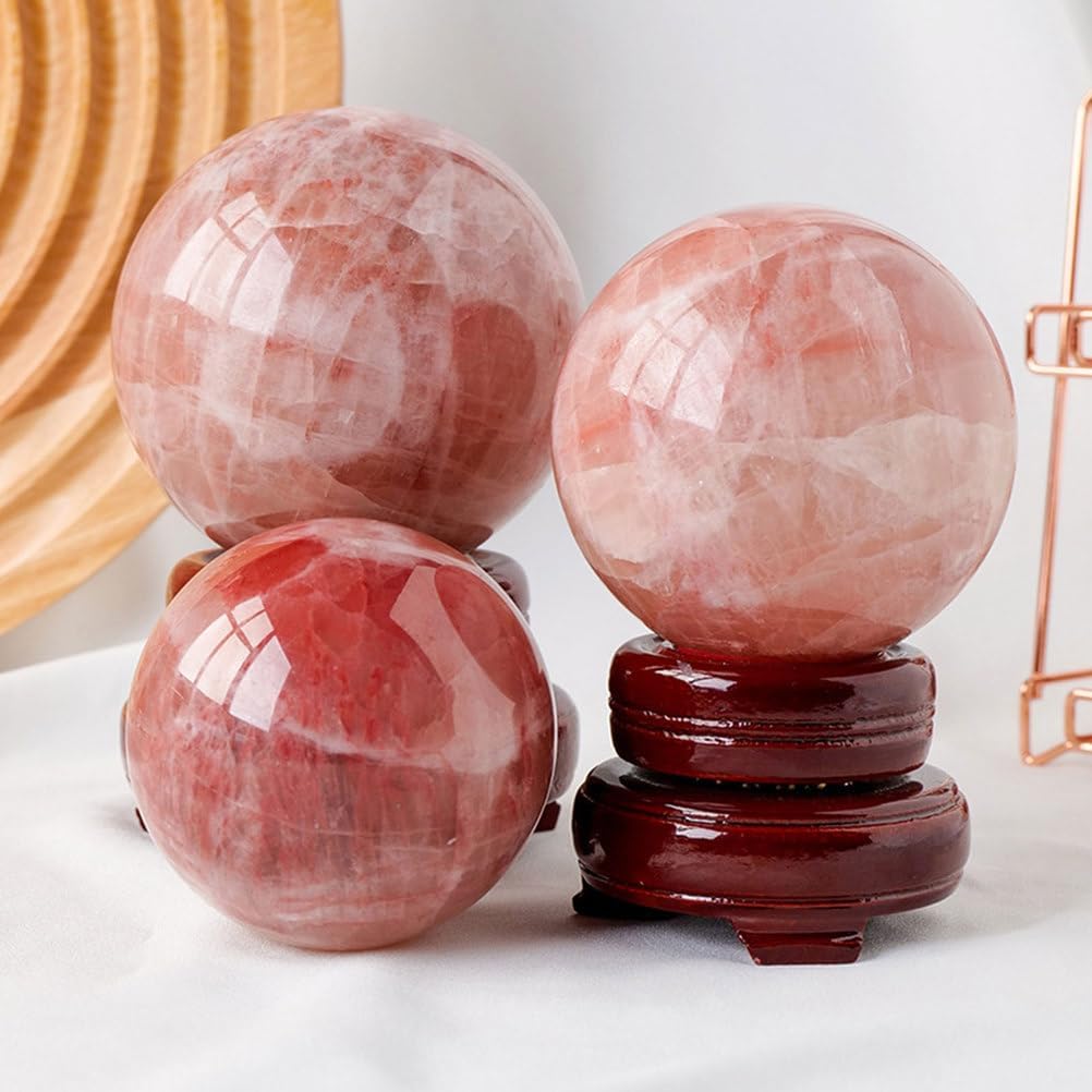 Red Calcite Sphere Ball with Wood Stand for Reiki Meditation and Healing