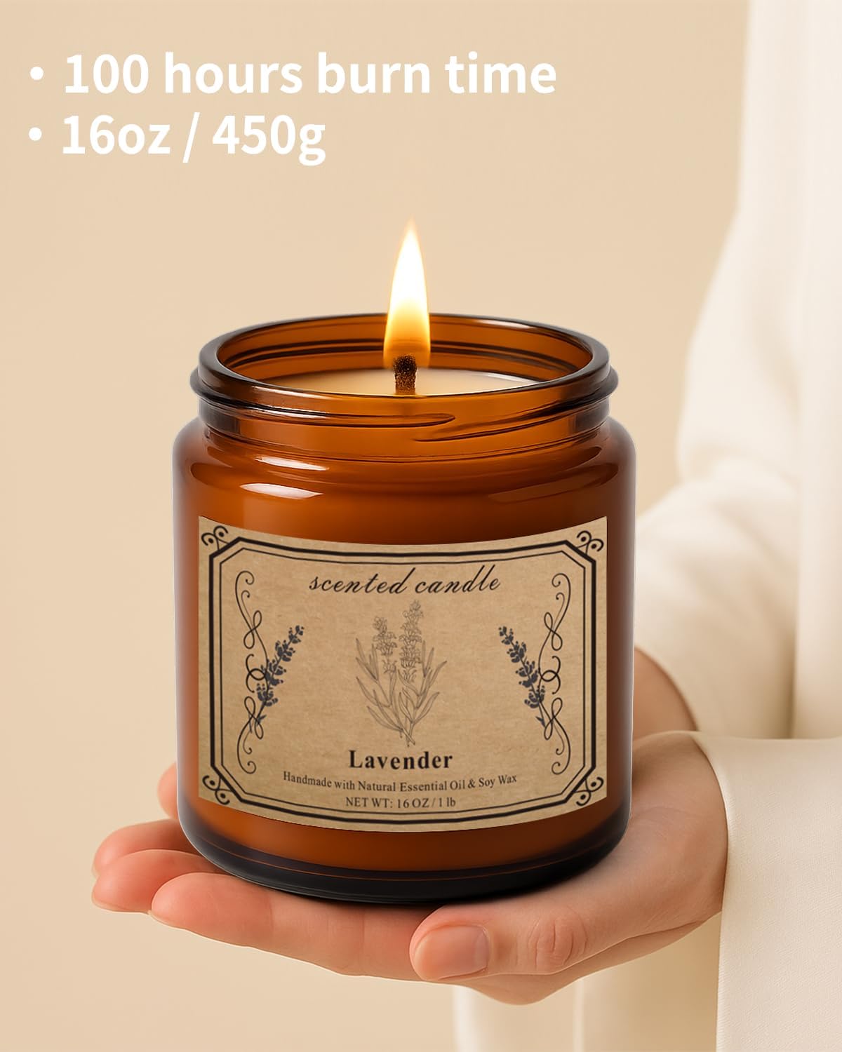 POOTES 16oz Soy Wax Lavender Candle 100 Hour Burn