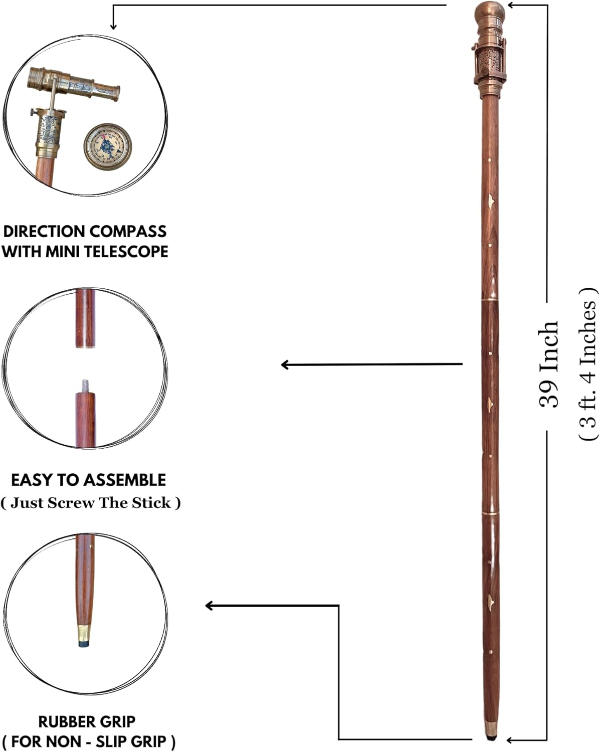 Engraved Brass Walking Stick with Telescope and Compass