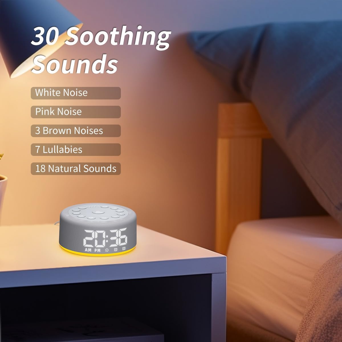 3 in 1 Sound Machine Alarm Clock with Night Light and Backup Battery