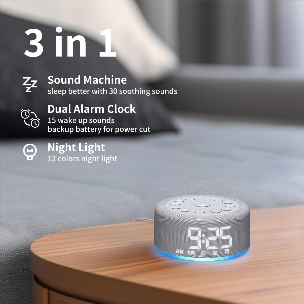 3 in 1 Sound Machine Alarm Clock with Night Light and Backup Battery