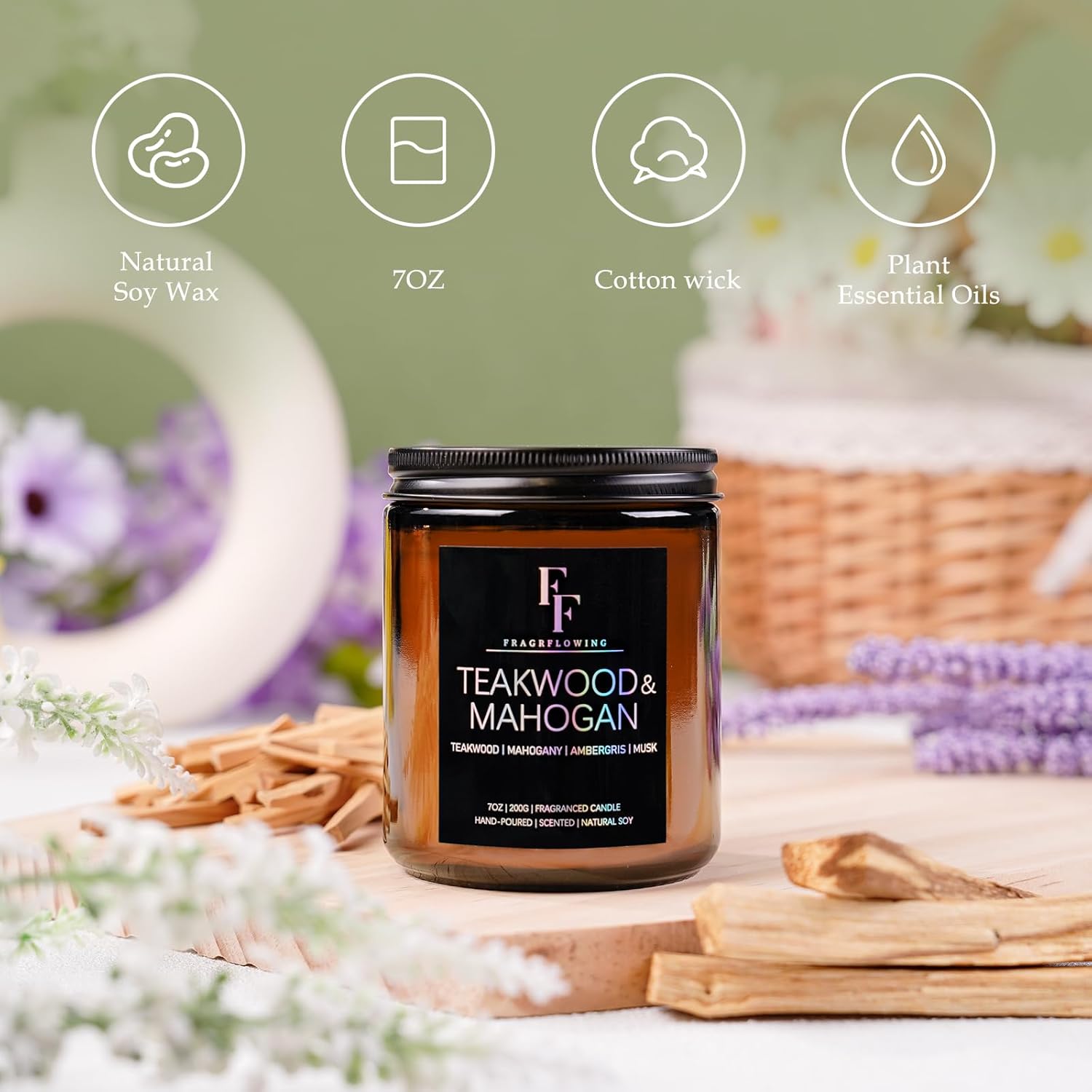 Teakwood Mahogany Scented Candle 7oz Natural Soy Wax