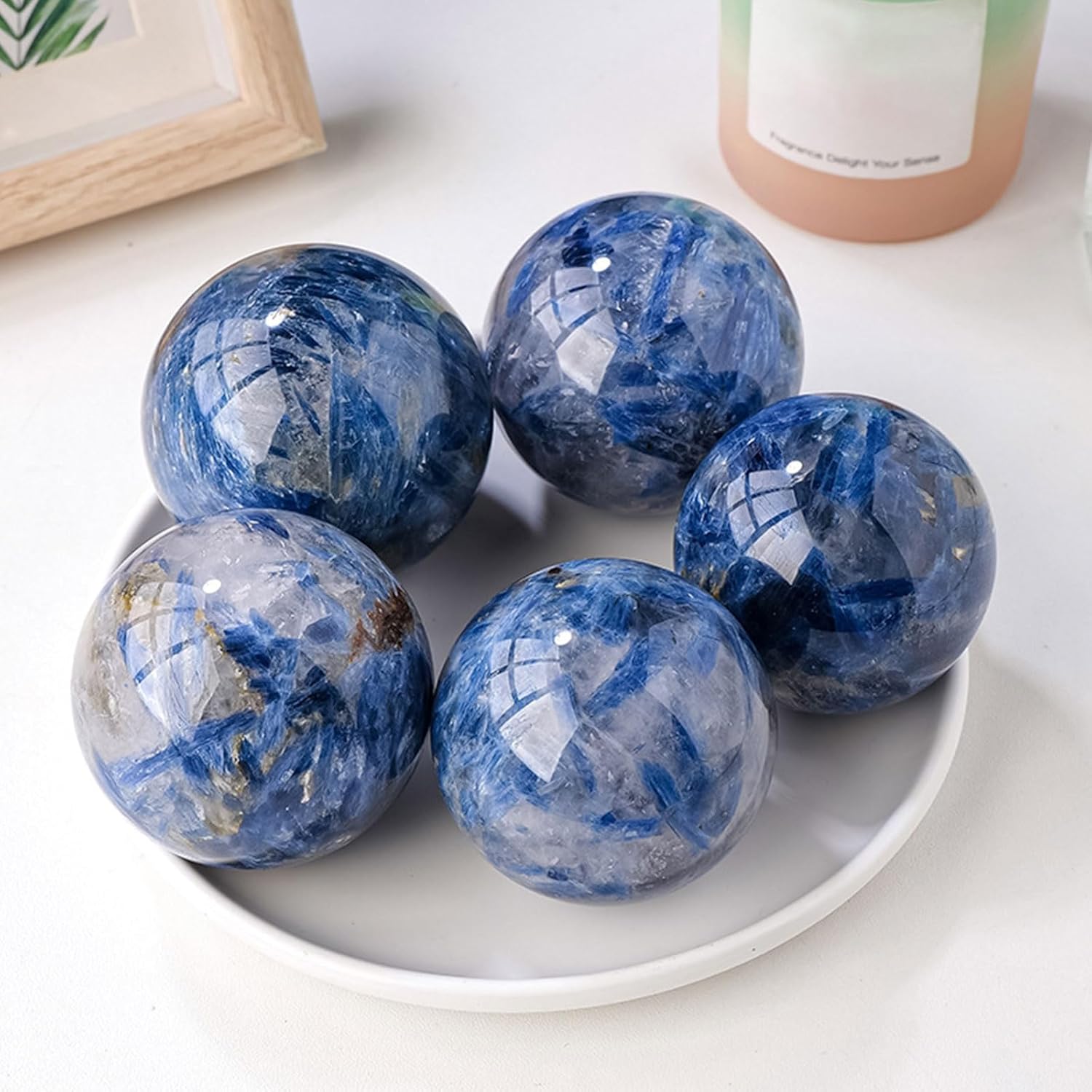 Blue Kyanite Crystal Sphere with Wood Stand for Reiki Meditation