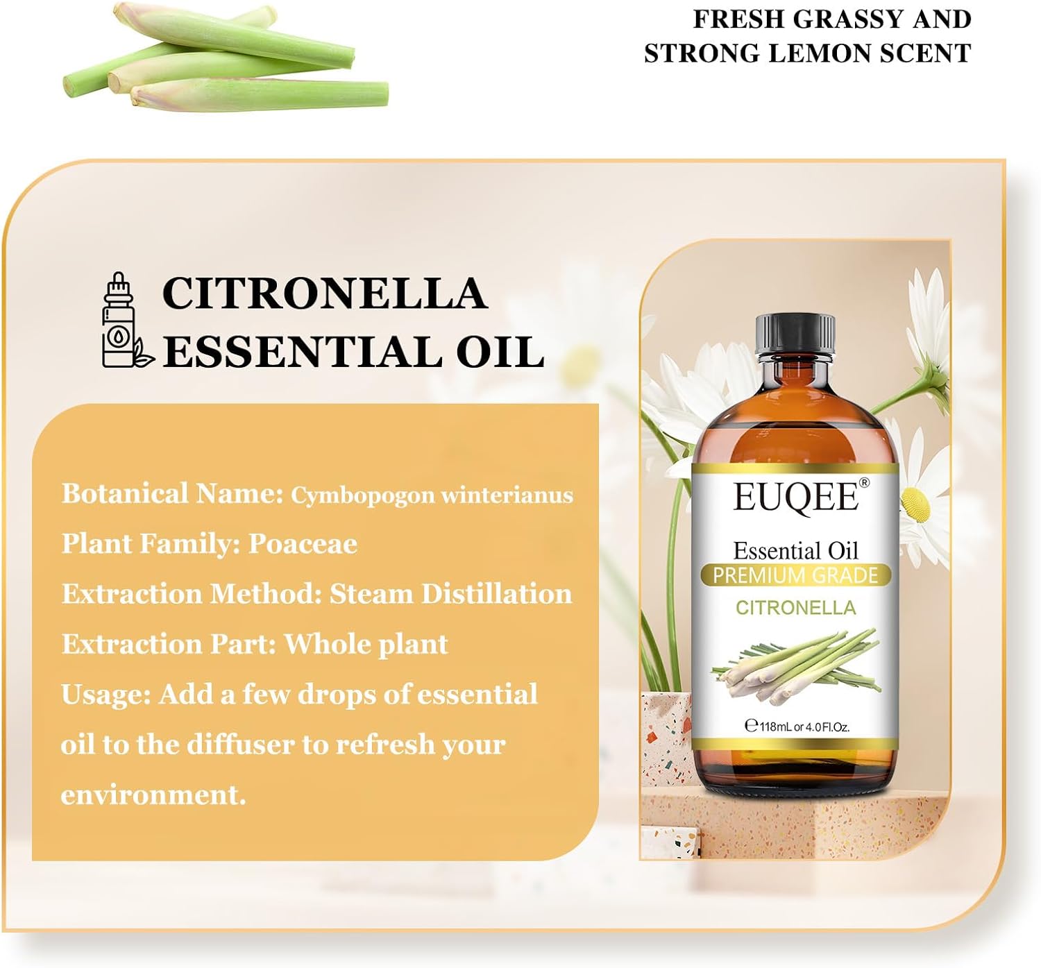 EUQEE Citronella Essential Oil 118ml Glass Dropper Gift Box