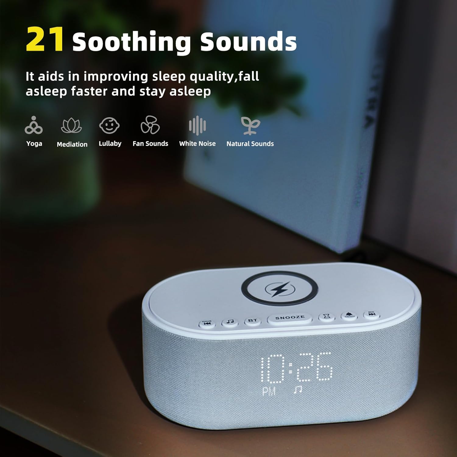 Odokee Sound Machine Alarm Clock with 10W Wireless Charger