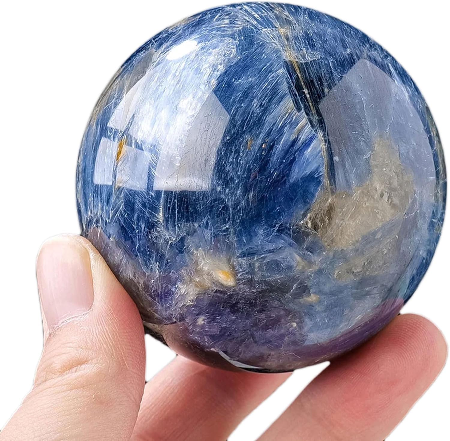 Blue Kyanite Crystal Sphere with Wood Stand for Reiki Meditation