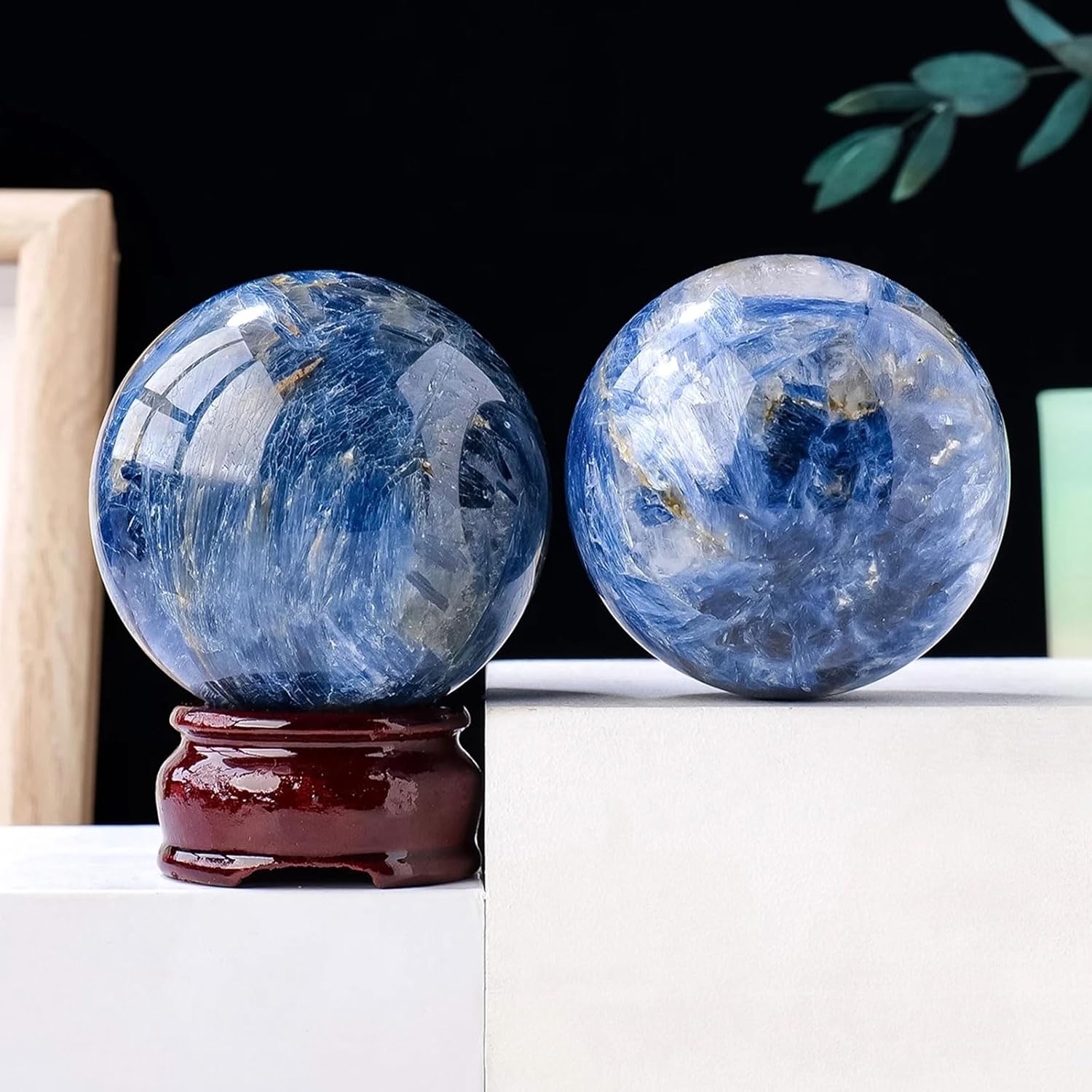 Blue Kyanite Crystal Sphere with Wood Stand for Reiki Meditation