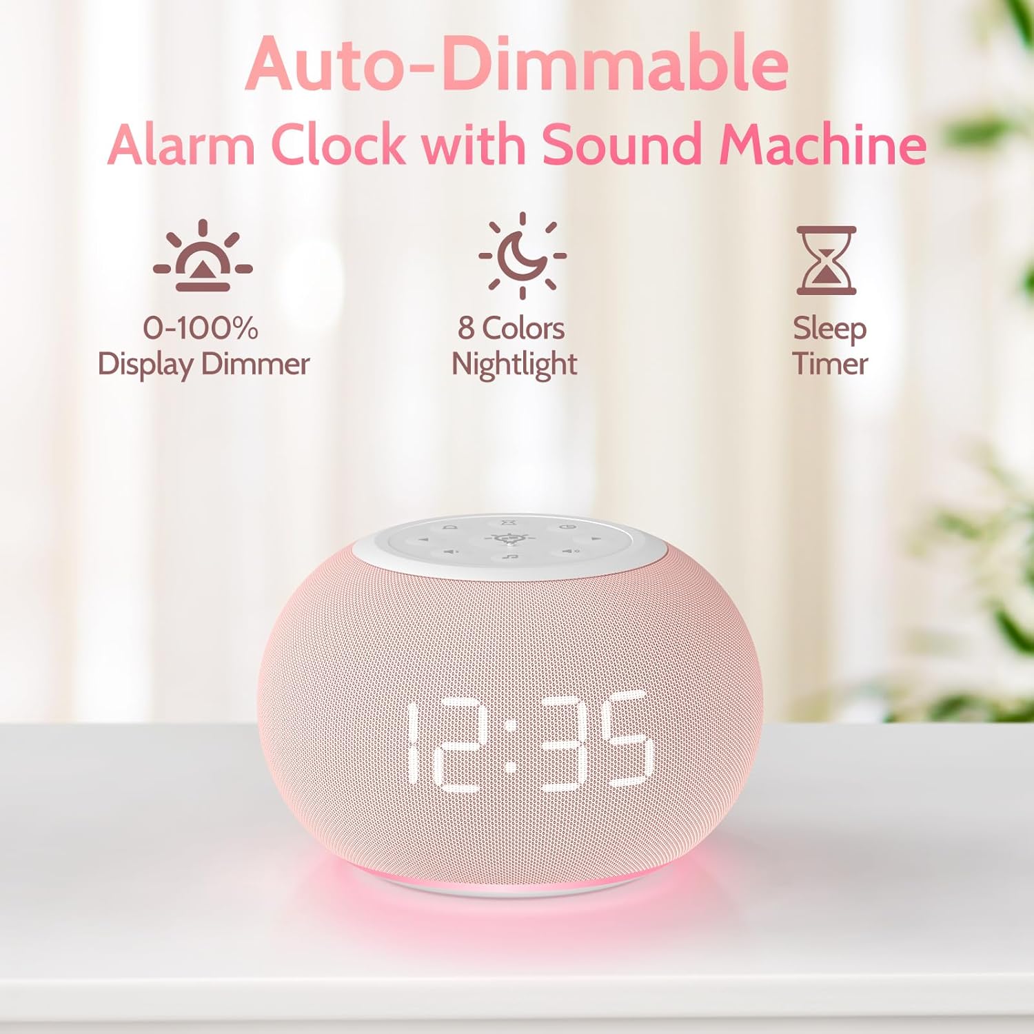 Reacher Auto Dimmable Sound Machine Alarm Clock with Night Lights
