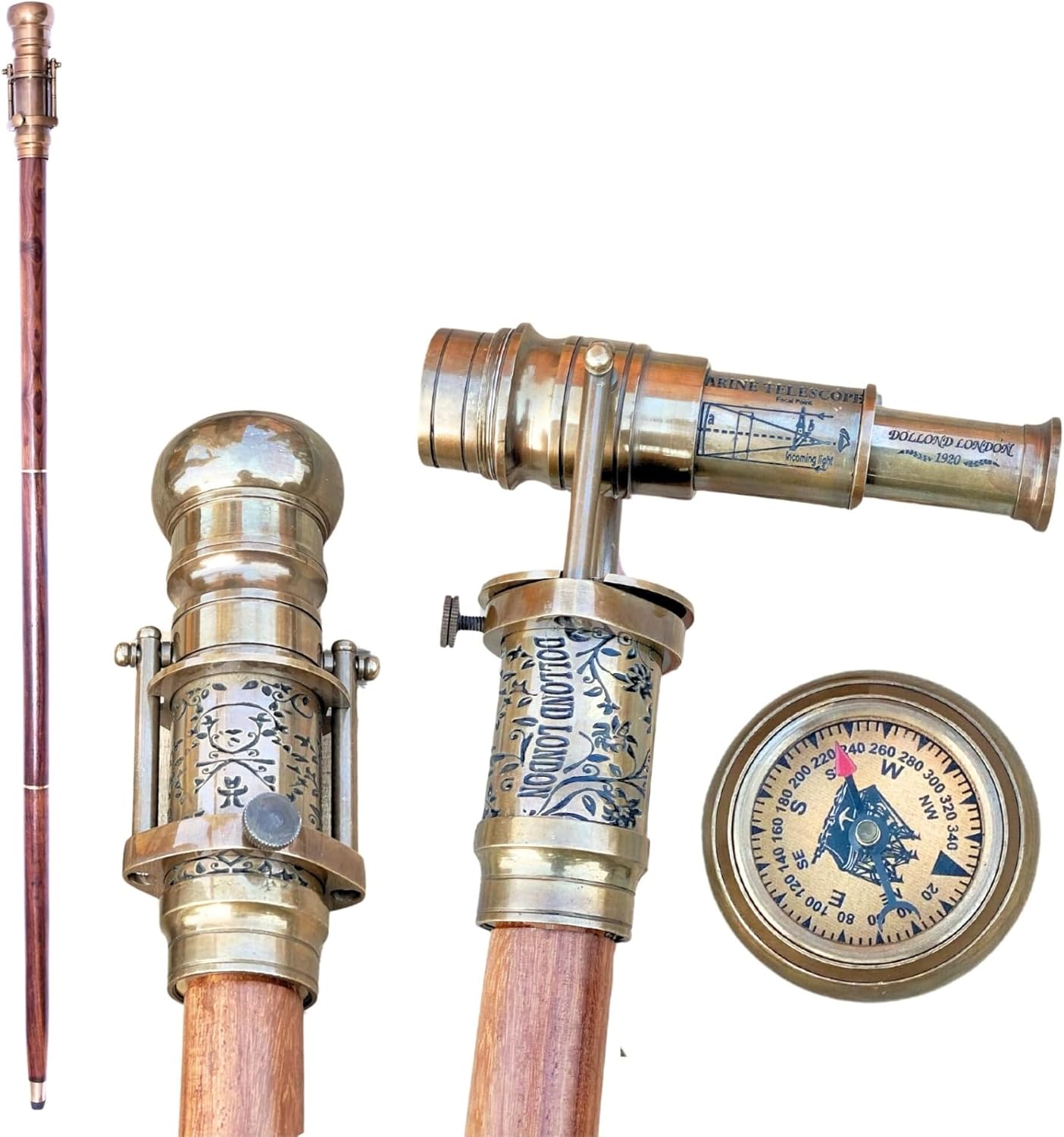 Victorian-Style Brass Walking Stick with Telescope and Compass