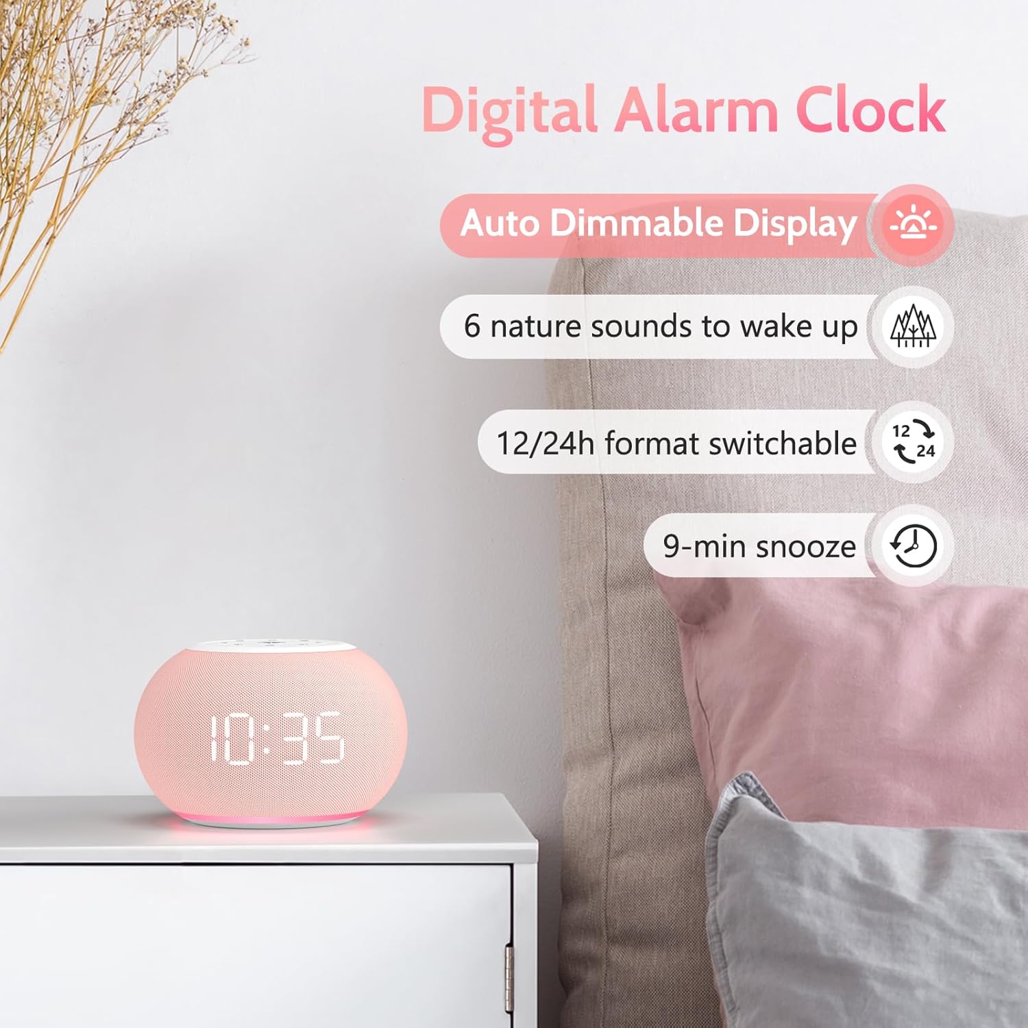 Reacher Auto Dimmable Sound Machine Alarm Clock with Night Lights