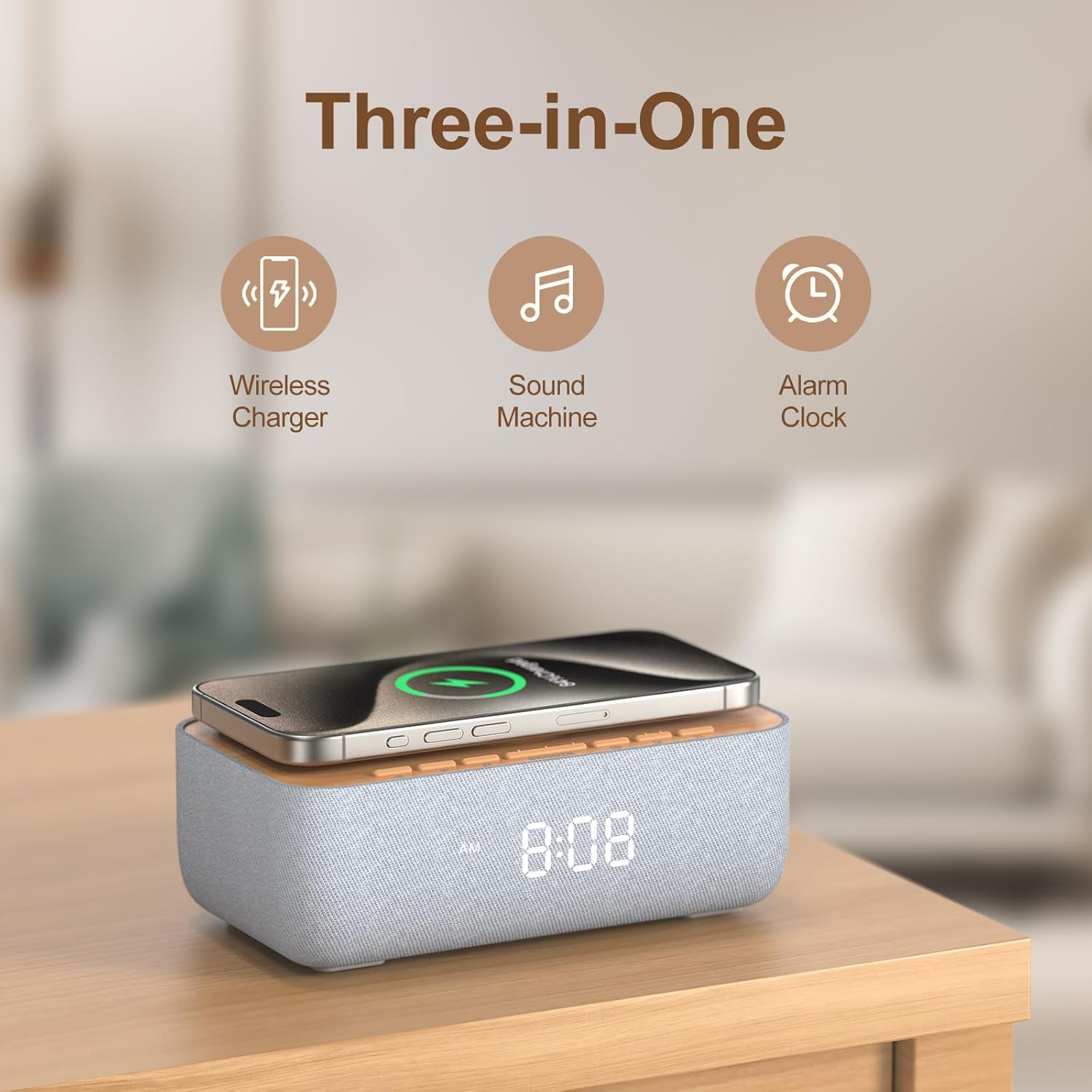REACHER 15W Magnetic Wireless Charging Alarm Clock with White Noise
