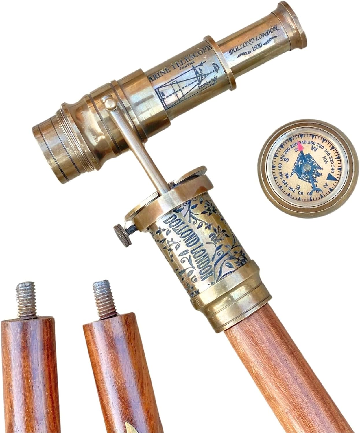 Victorian-Style Brass Walking Stick with Telescope and Compass