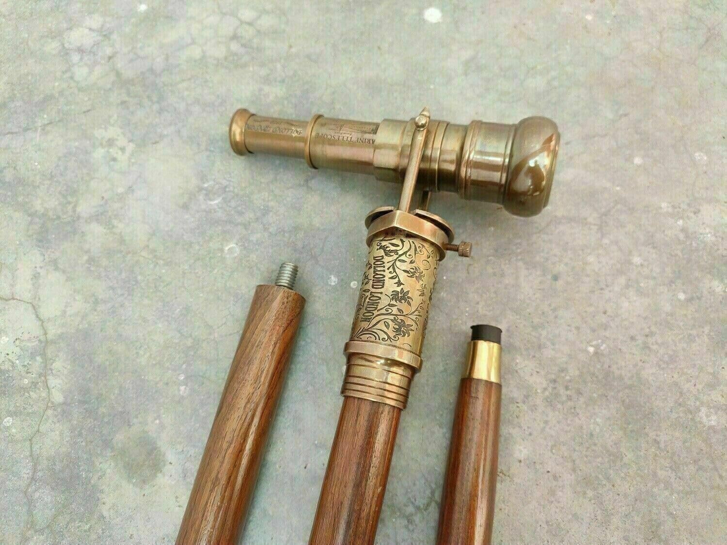 Antique Brass Handle Wooden Walking Stick with Engraved Design