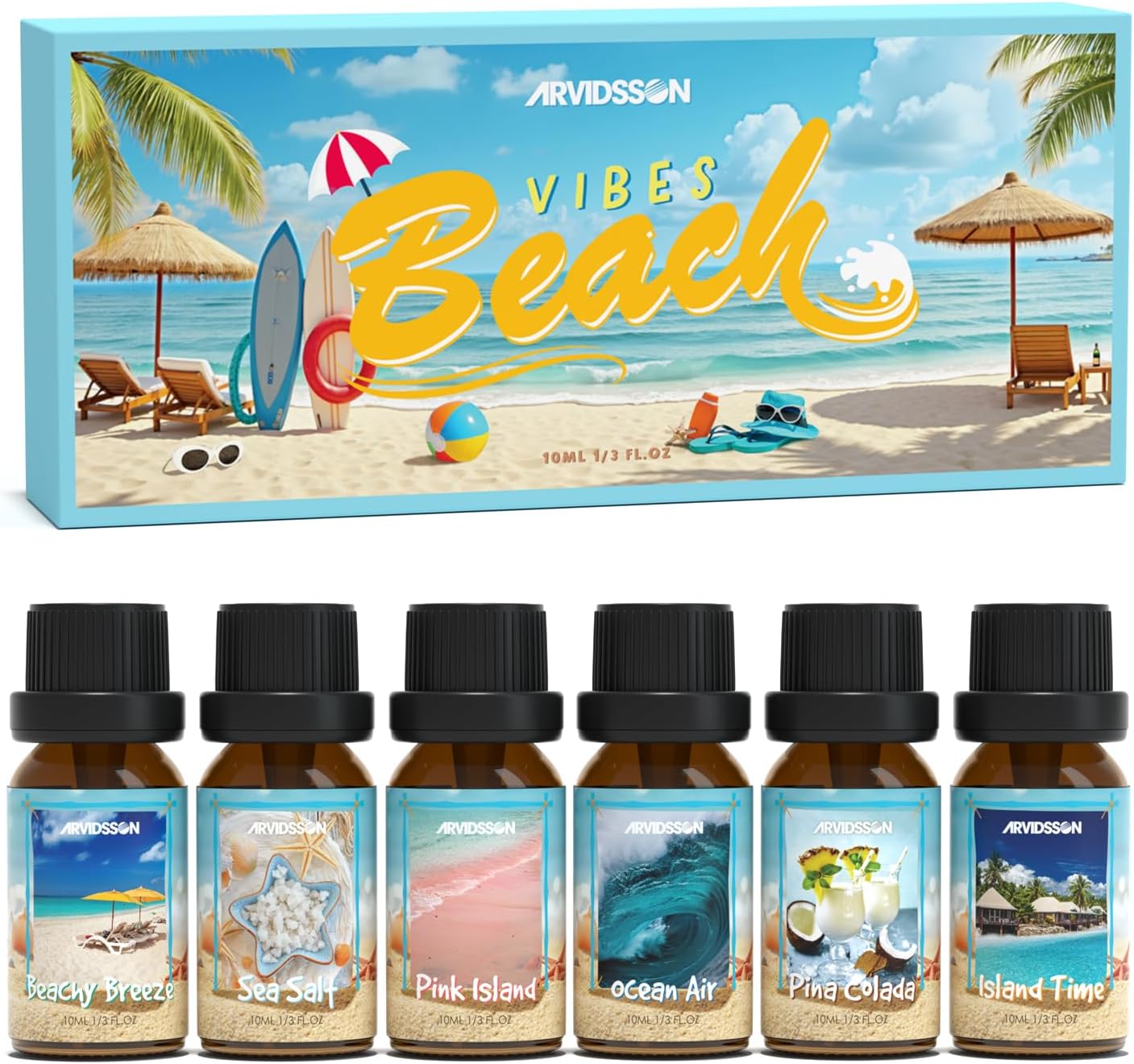 ARVIDSSON Beach Fragrance Oil Set - 7 Tropical Essential Oils for Diffuser