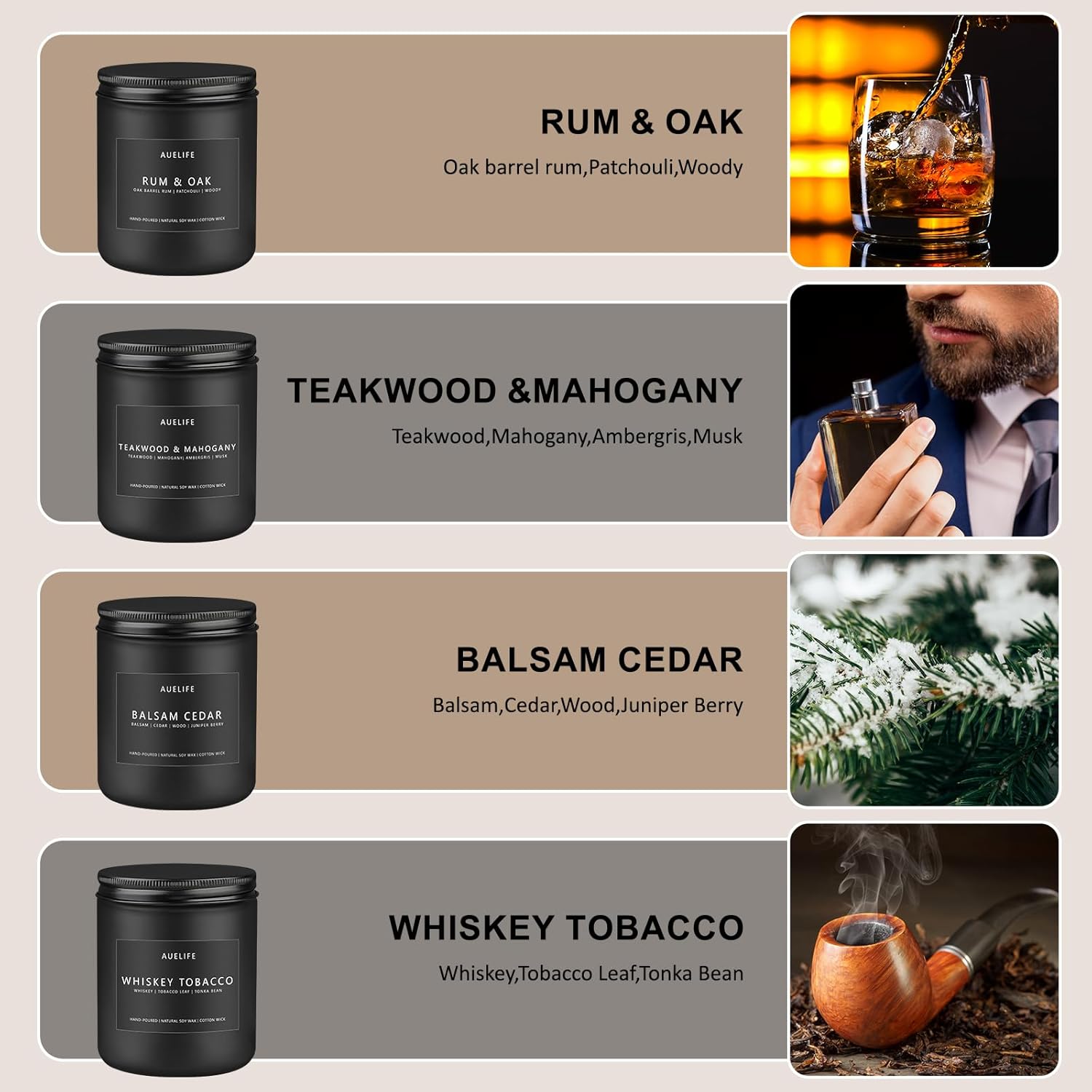 Masculine Scented Candles Set - 4 Pack Teakwood Cedar Aromatherapy Candles