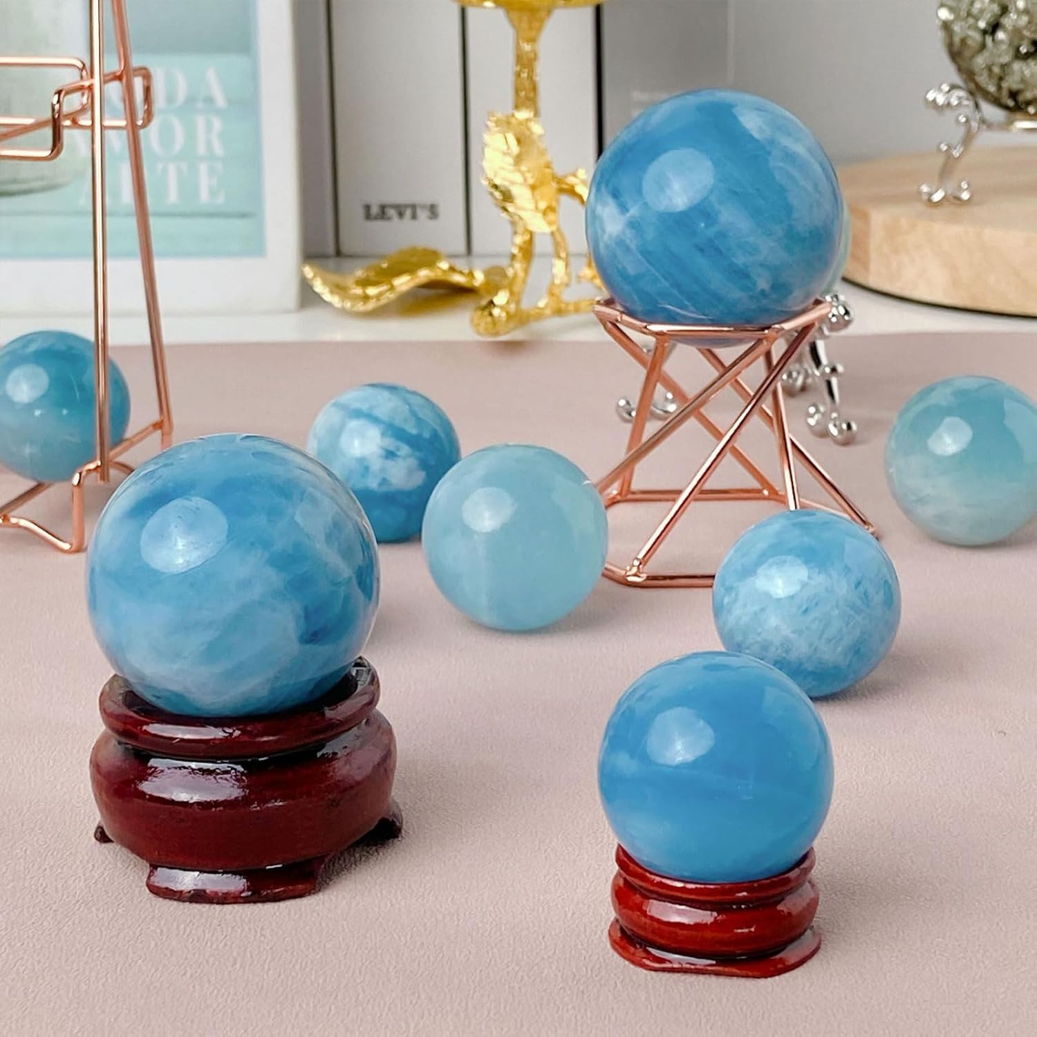 Natural Aquamarine Crystal Ball with Wooden Stand