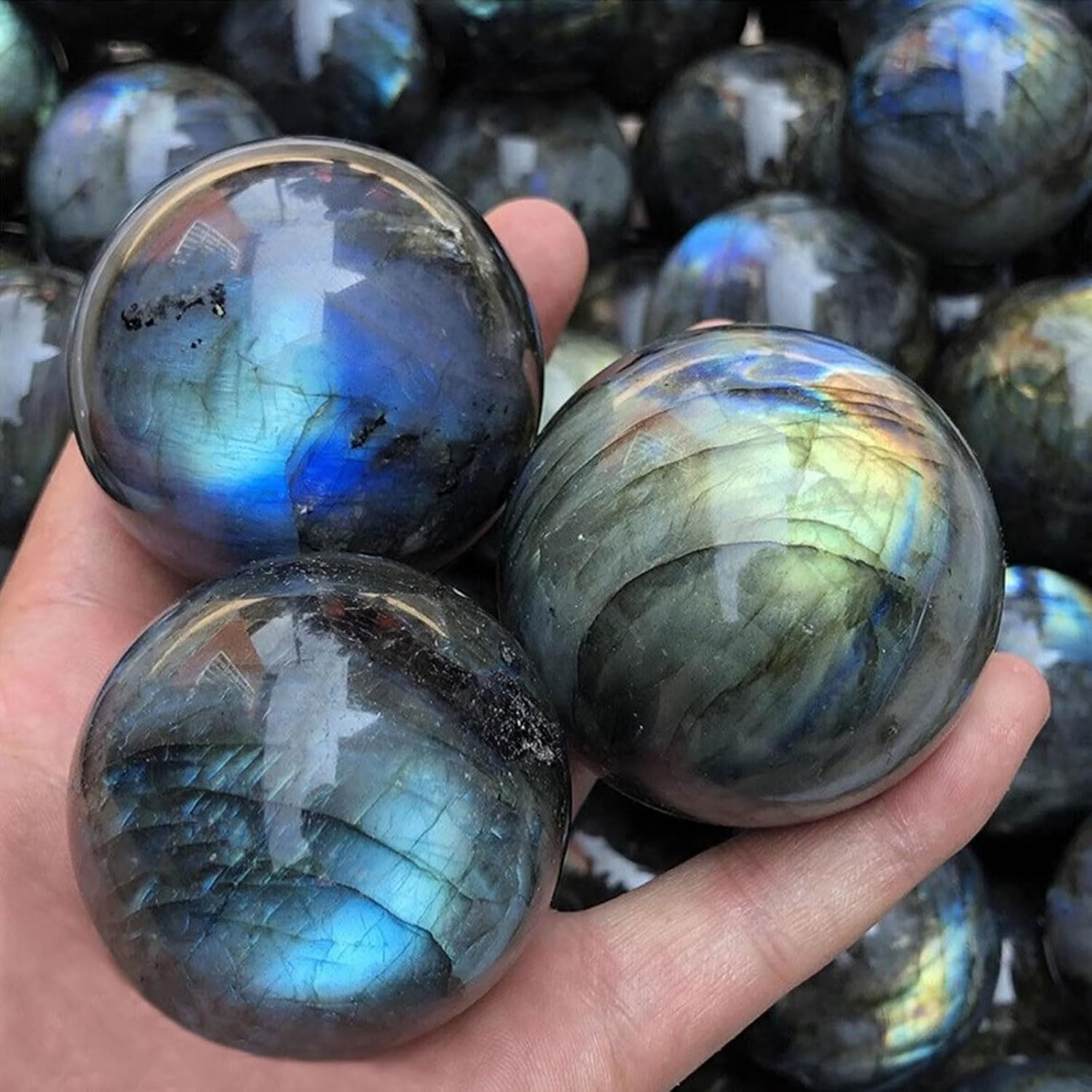 Natural Labradorite Crystal Sphere with Wooden Stand for Feng Shui Healing