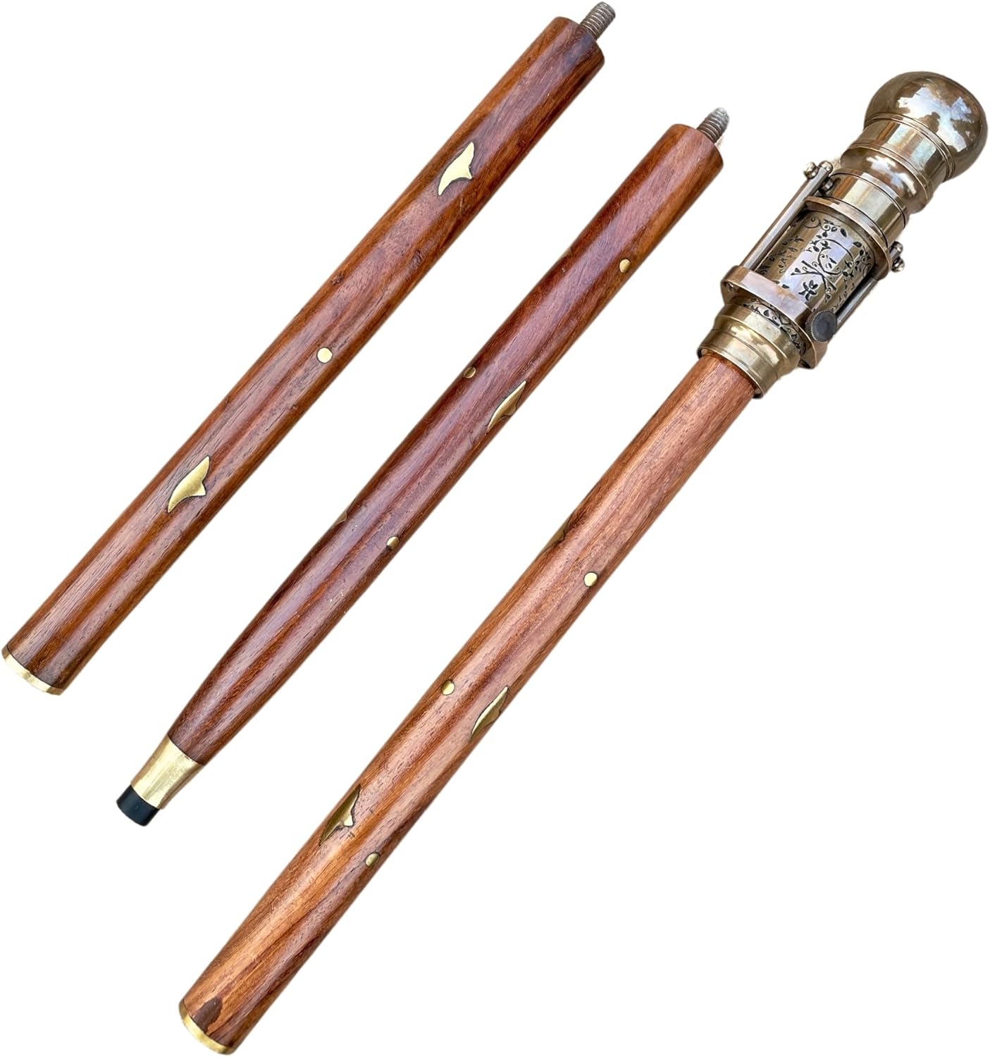 Engraved Brass Walking Stick with Telescope and Compass