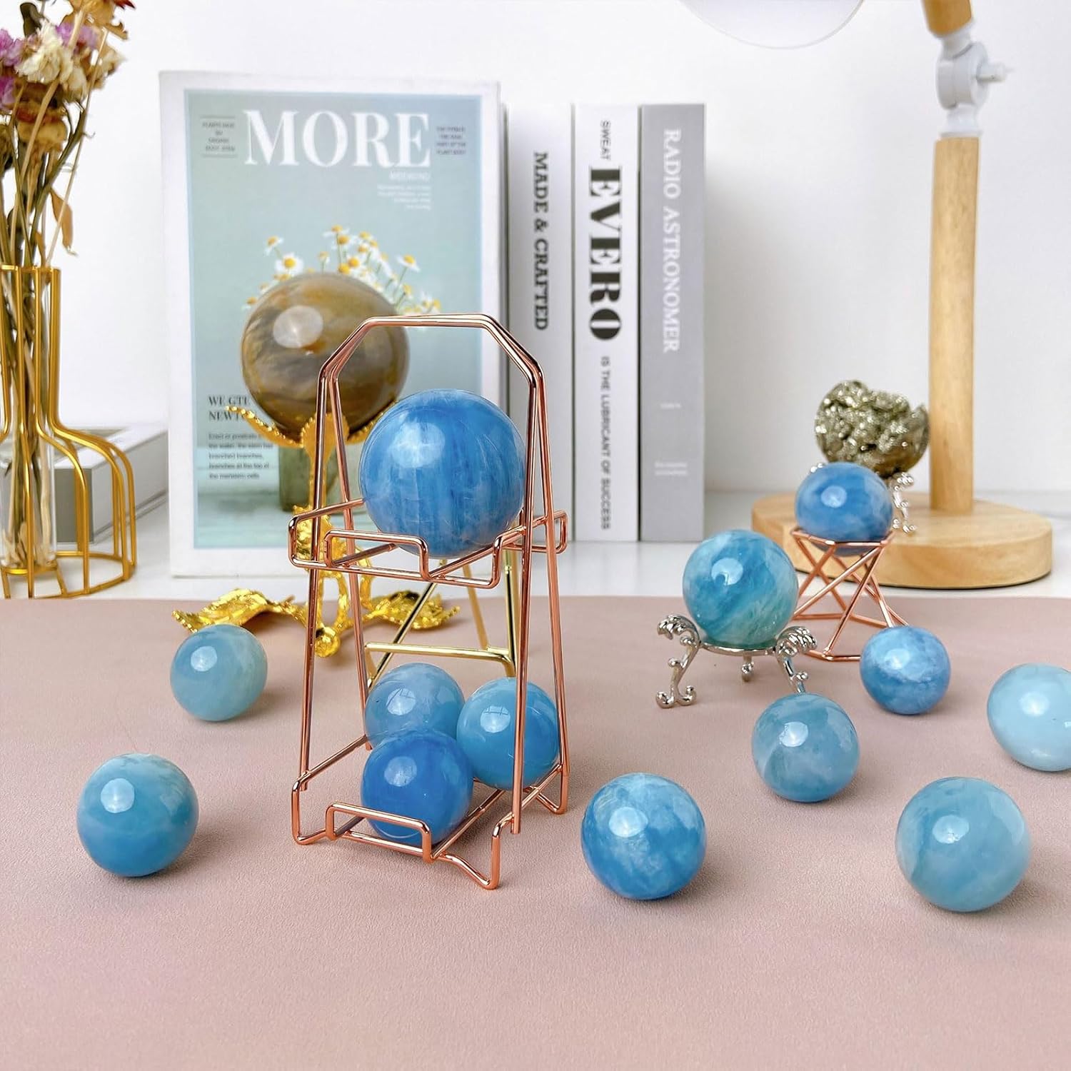 Natural Aquamarine Crystal Ball with Wooden Stand