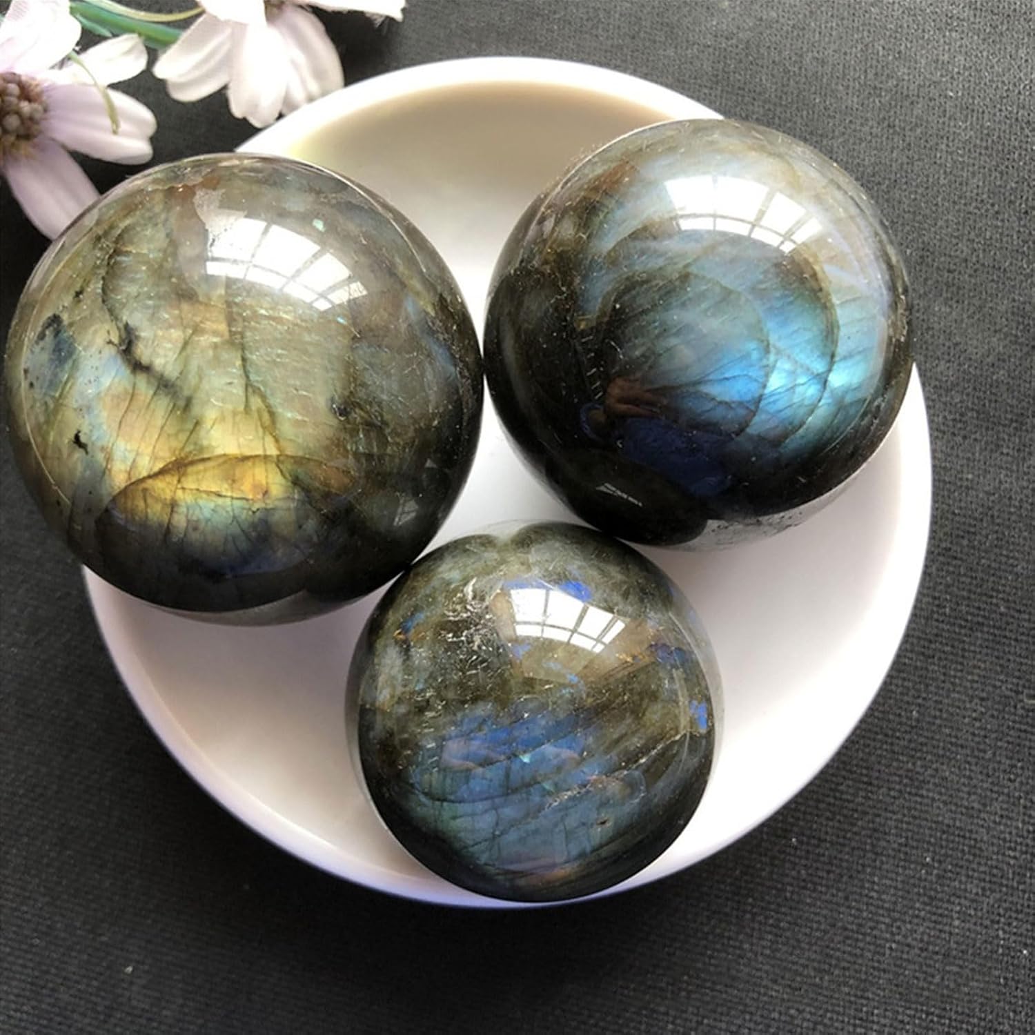 Natural Labradorite Crystal Sphere with Wooden Stand for Feng Shui Healing