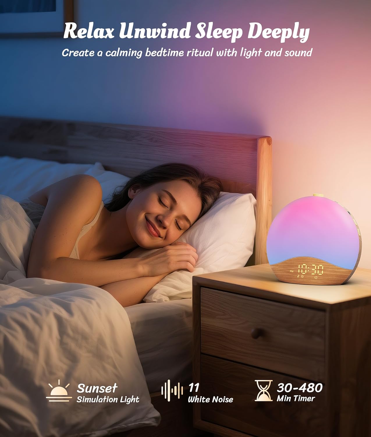 ecozy Wood Grain Sunrise Alarm Clock with 26 Sounds and 17 Night Lights