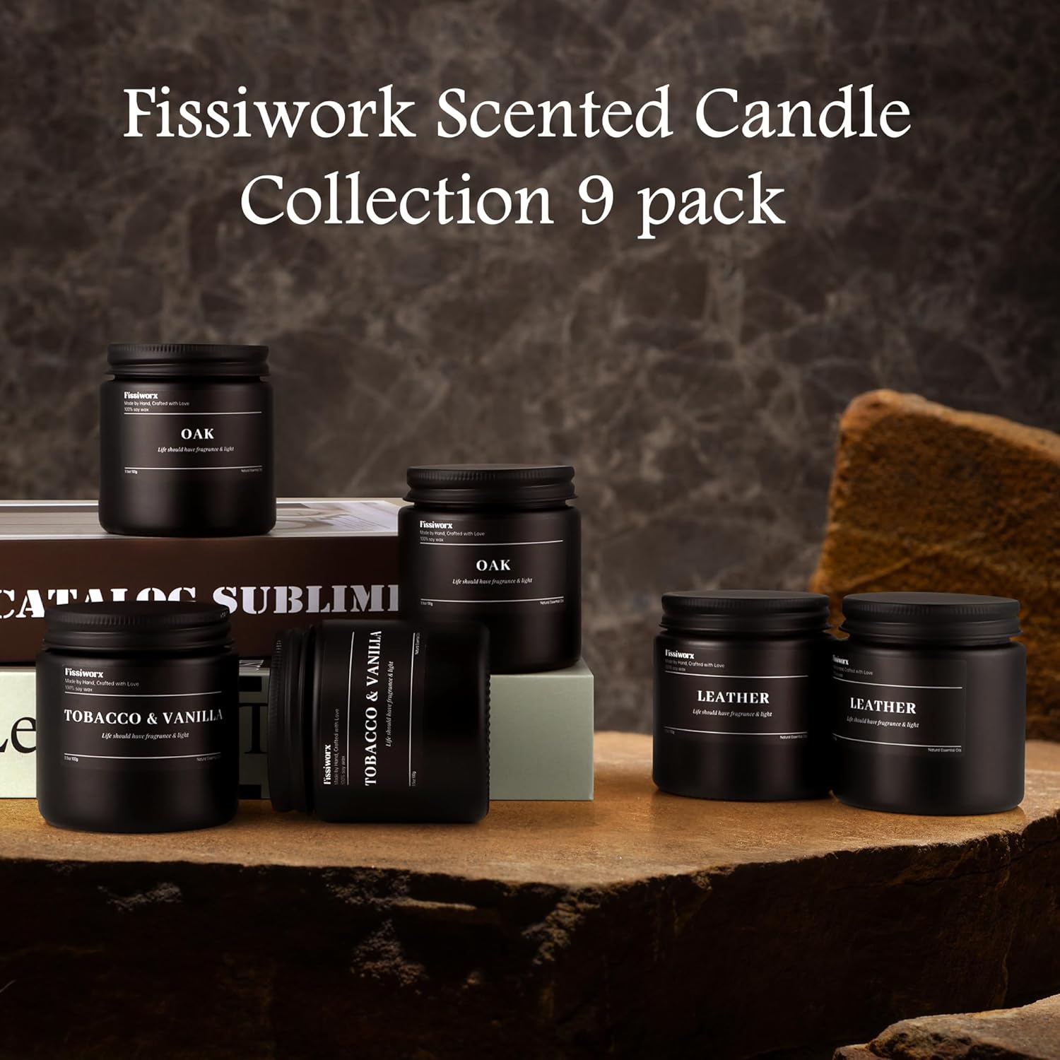 9 Pack Scented Candles for Men - Leather Vanilla Oak Set