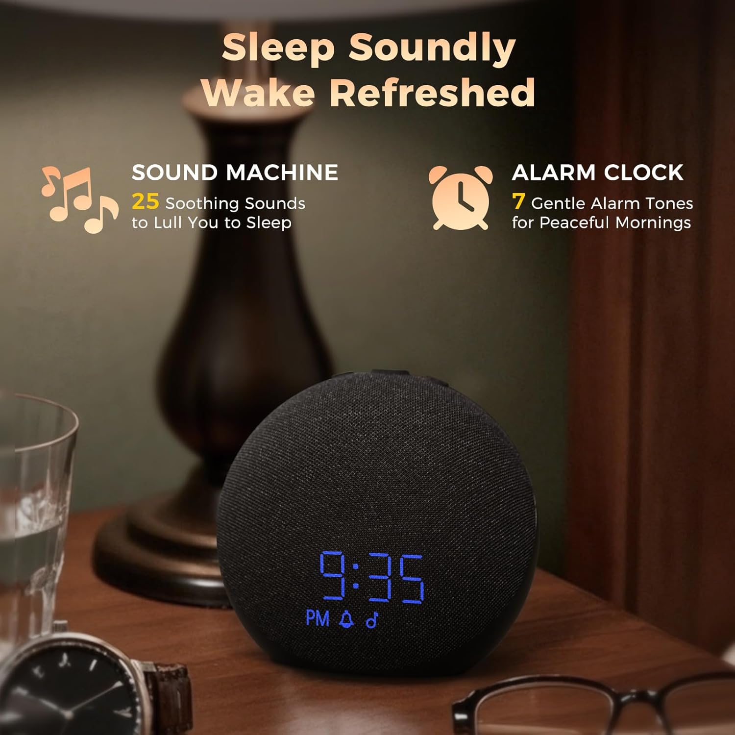 Sound Machine Alarm Clock with Bluetooth Speaker - Dimmable Night Light for Sleep