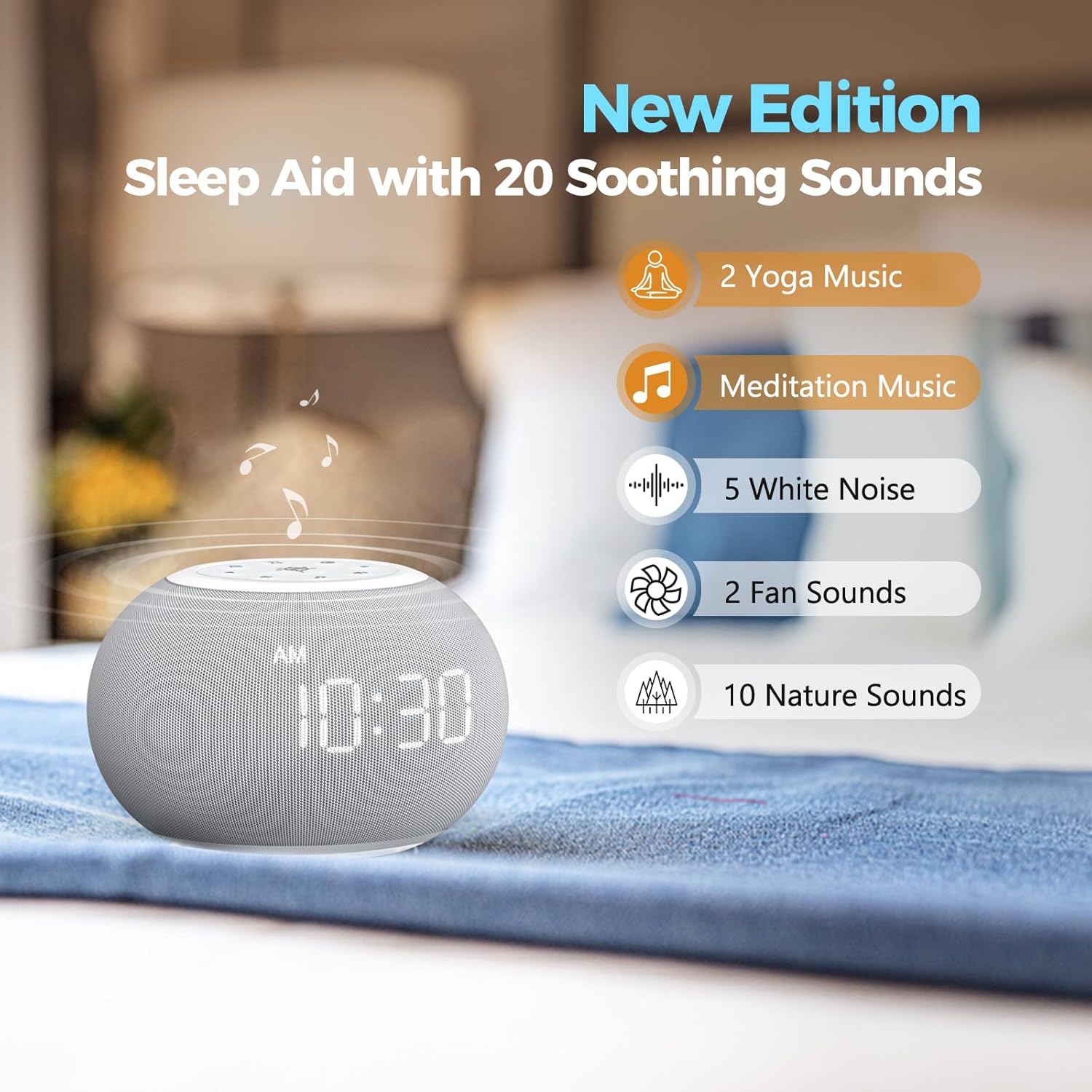 Reacher Auto-Dimmable Sound Machine Alarm Clock with Night Light