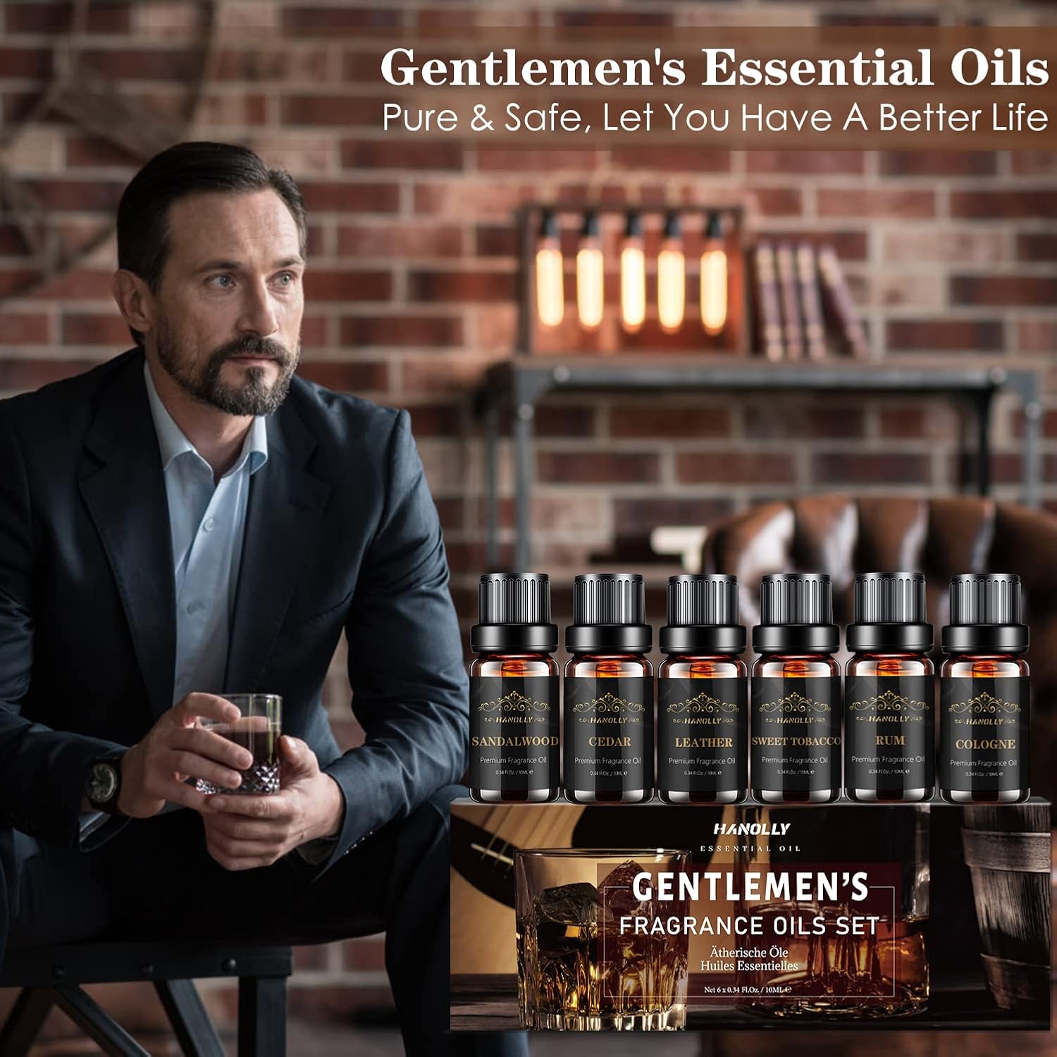 Mens Essential Oils Set 6x10ML - Sandalwood Cedar Leather Sweet Tobacco Rum Cologne