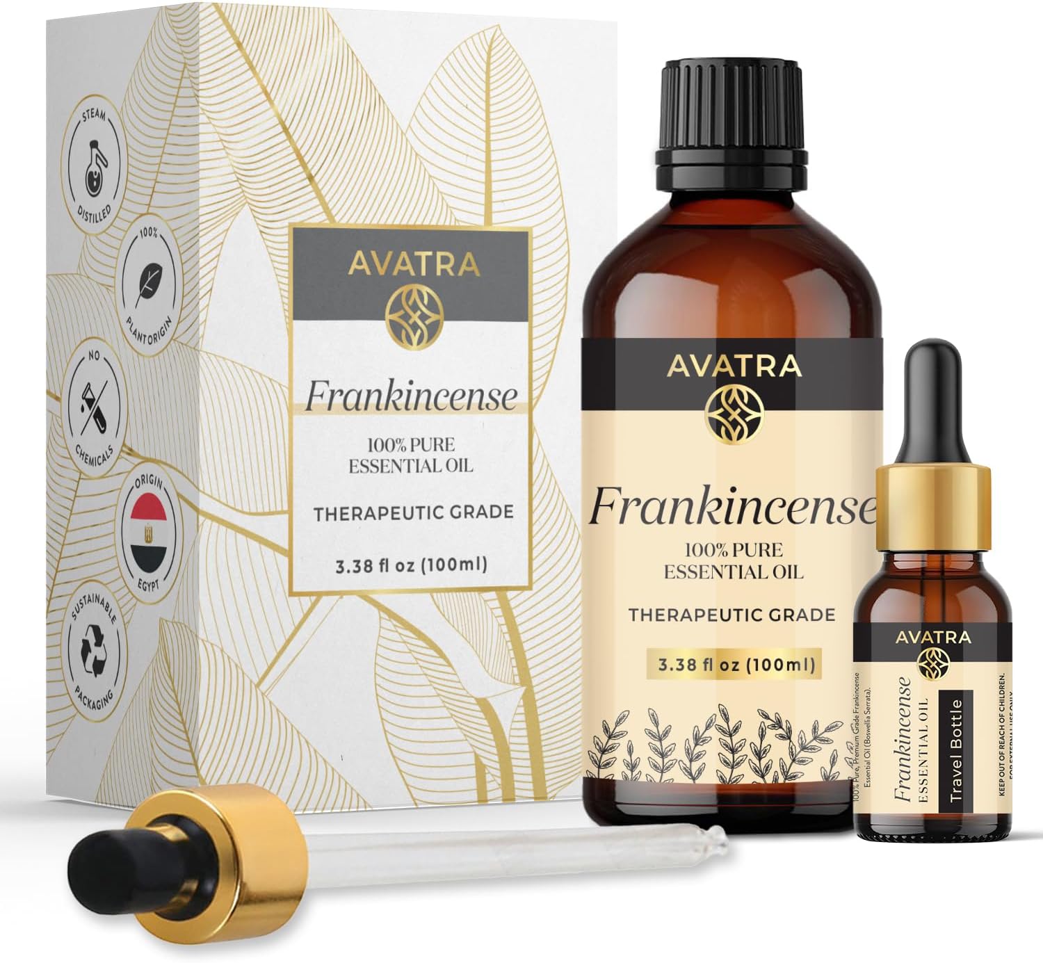 Avatra Frankincense Essential Oil 100ML with Glass Dropper and Travel Bottle