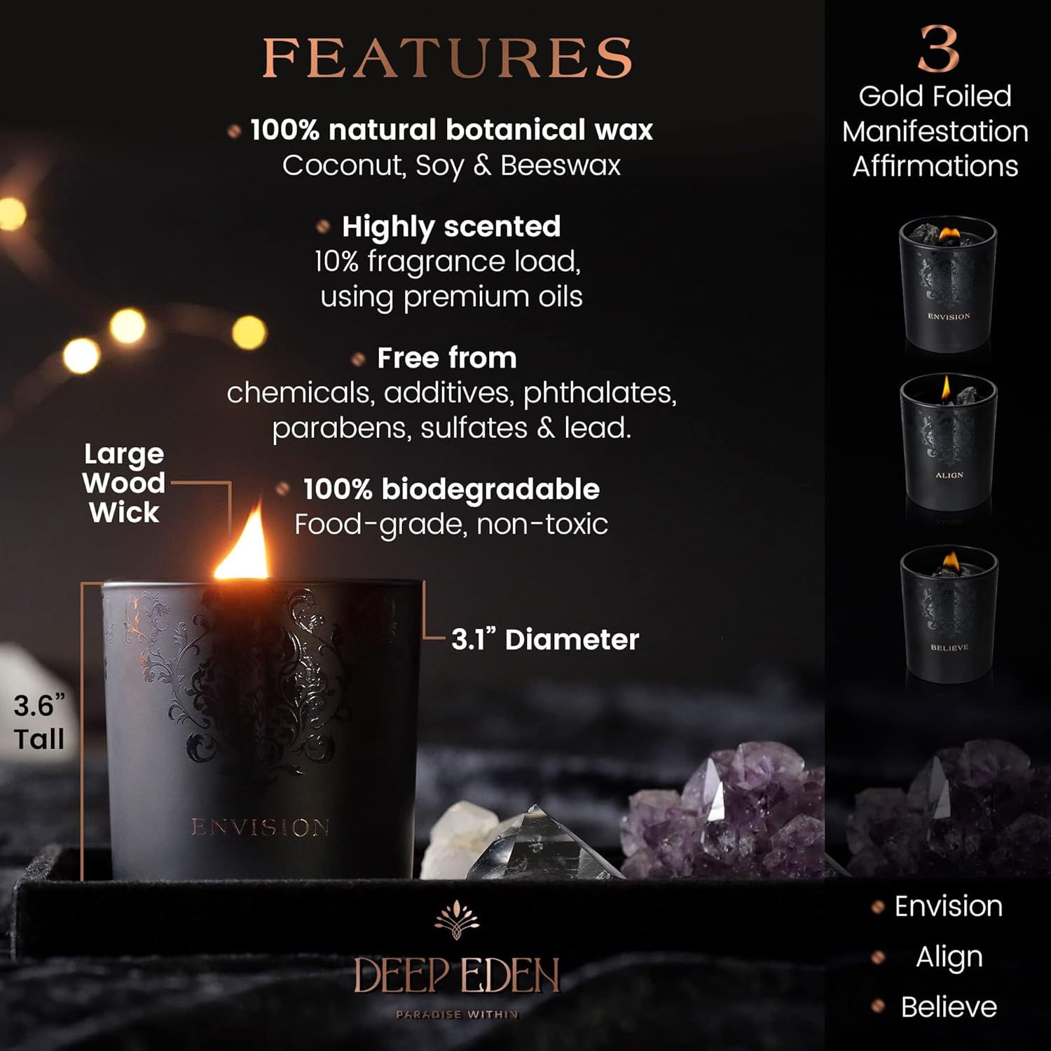 Deep Eden Scented Candle with Crystal 74 Oz Black