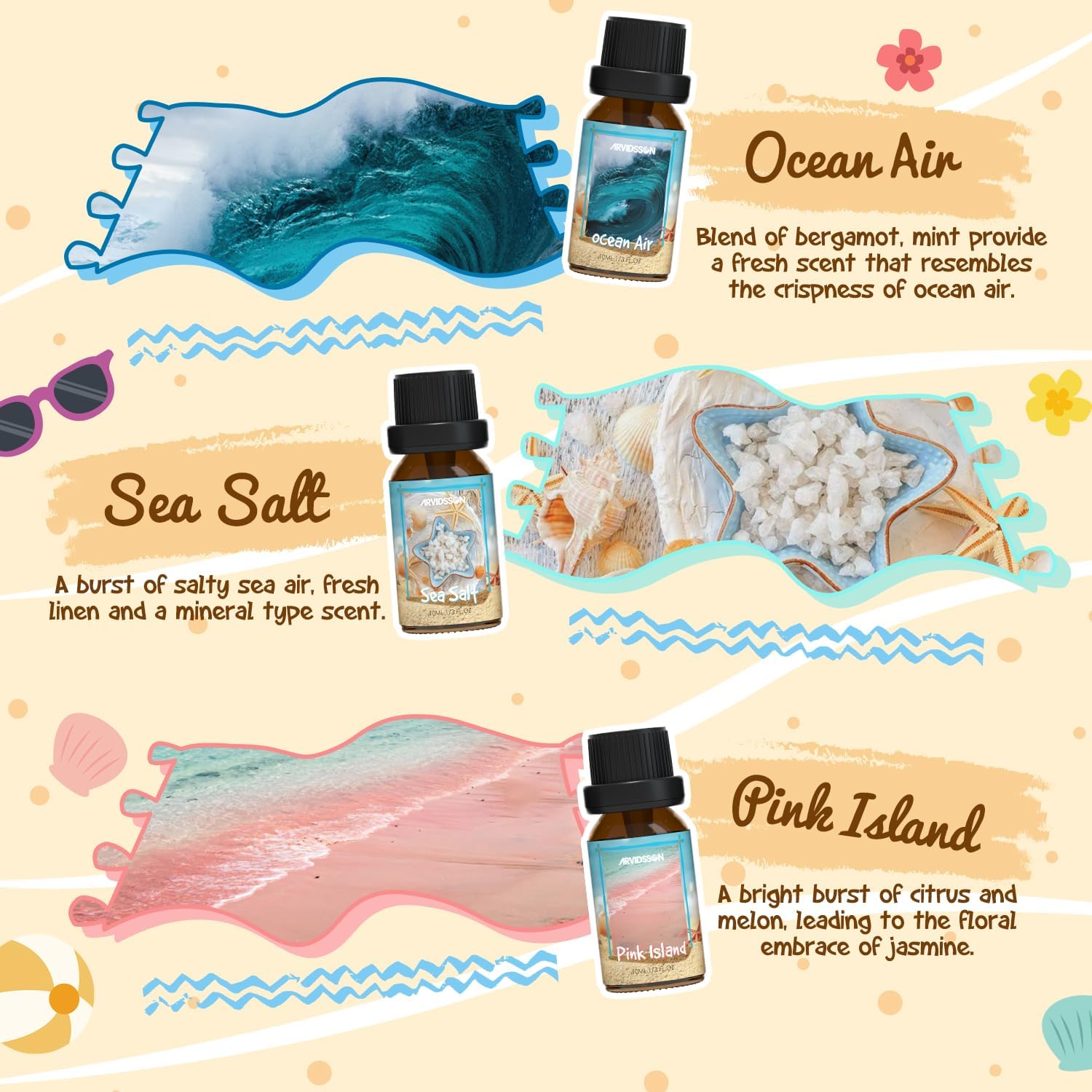 ARVIDSSON Beach Fragrance Oil Set - 7 Tropical Essential Oils for Diffuser