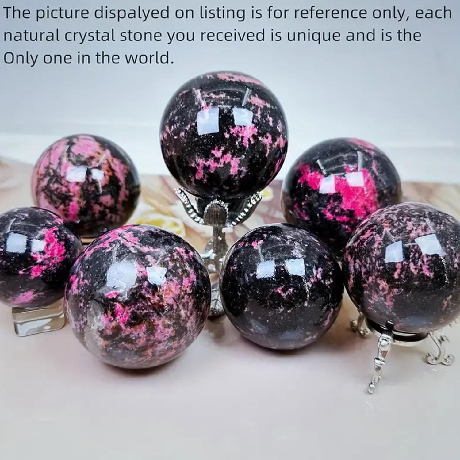 Natural Rhodonite Crystal Ball with Wood Stand