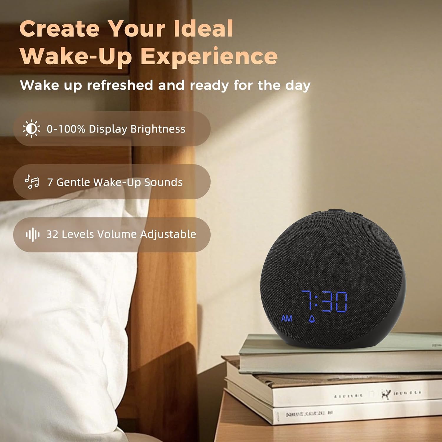 Sound Machine Alarm Clock with Bluetooth Speaker - Dimmable Night Light for Sleep