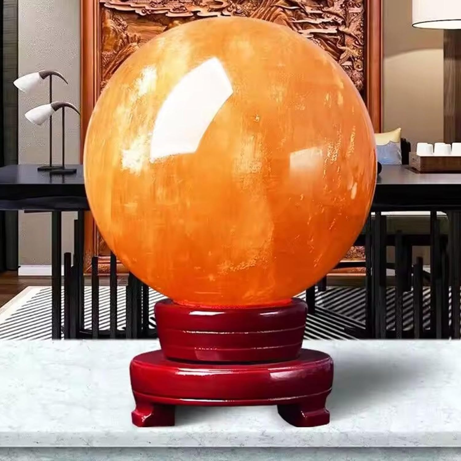 Yellow Calcite Quartz Crystal Sphere with Wooden Stand 9cm