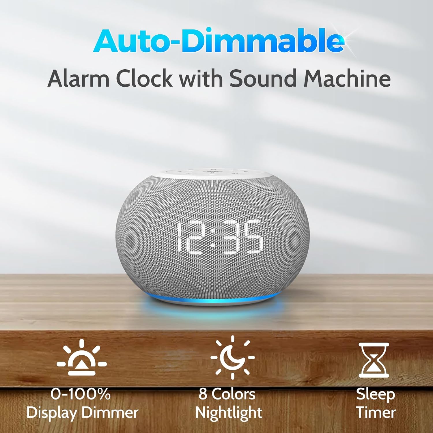 Reacher Auto-Dimmable Sound Machine Alarm Clock with Night Light