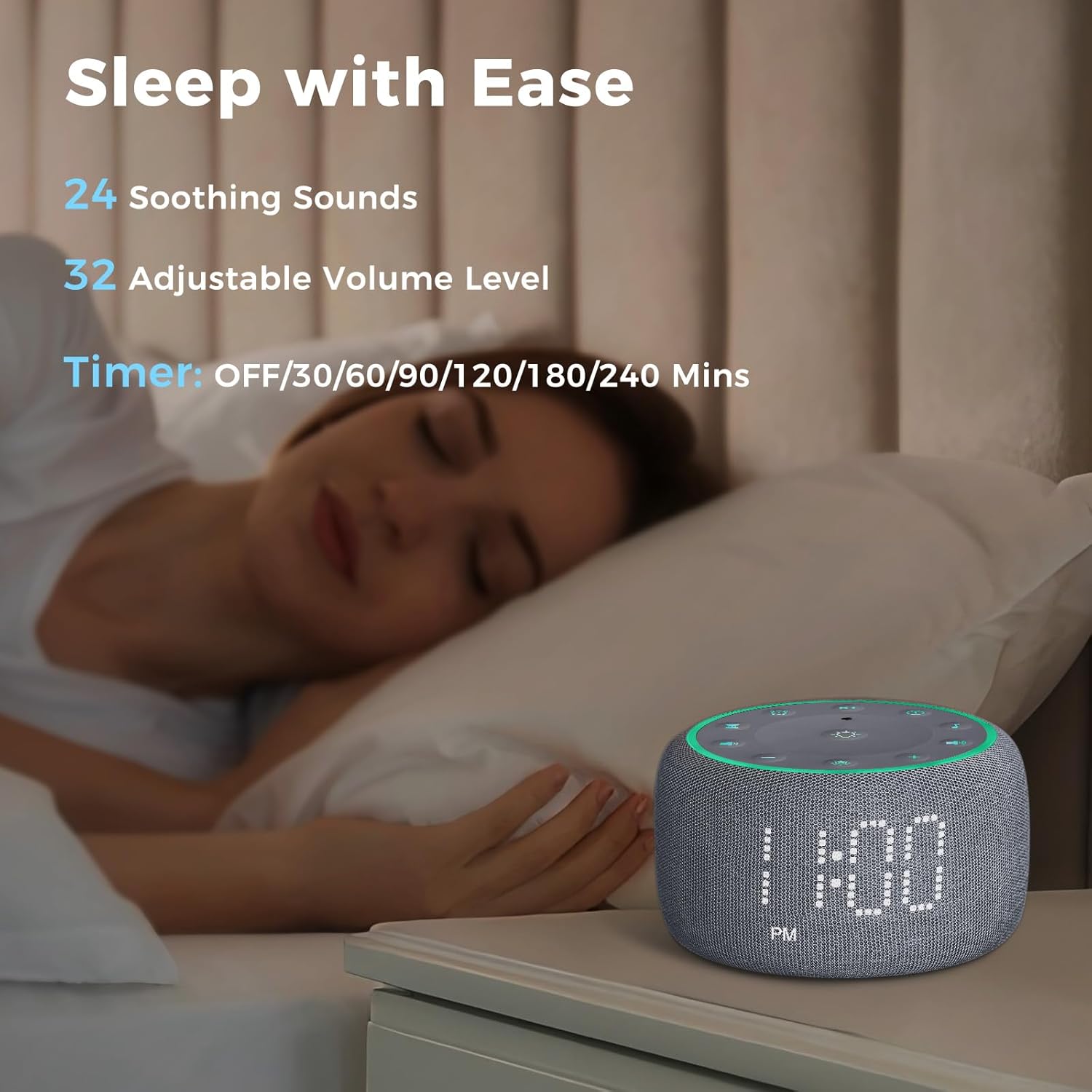 Mojikoo White Noise Alarm Clock with 5W Speaker and Night Lights