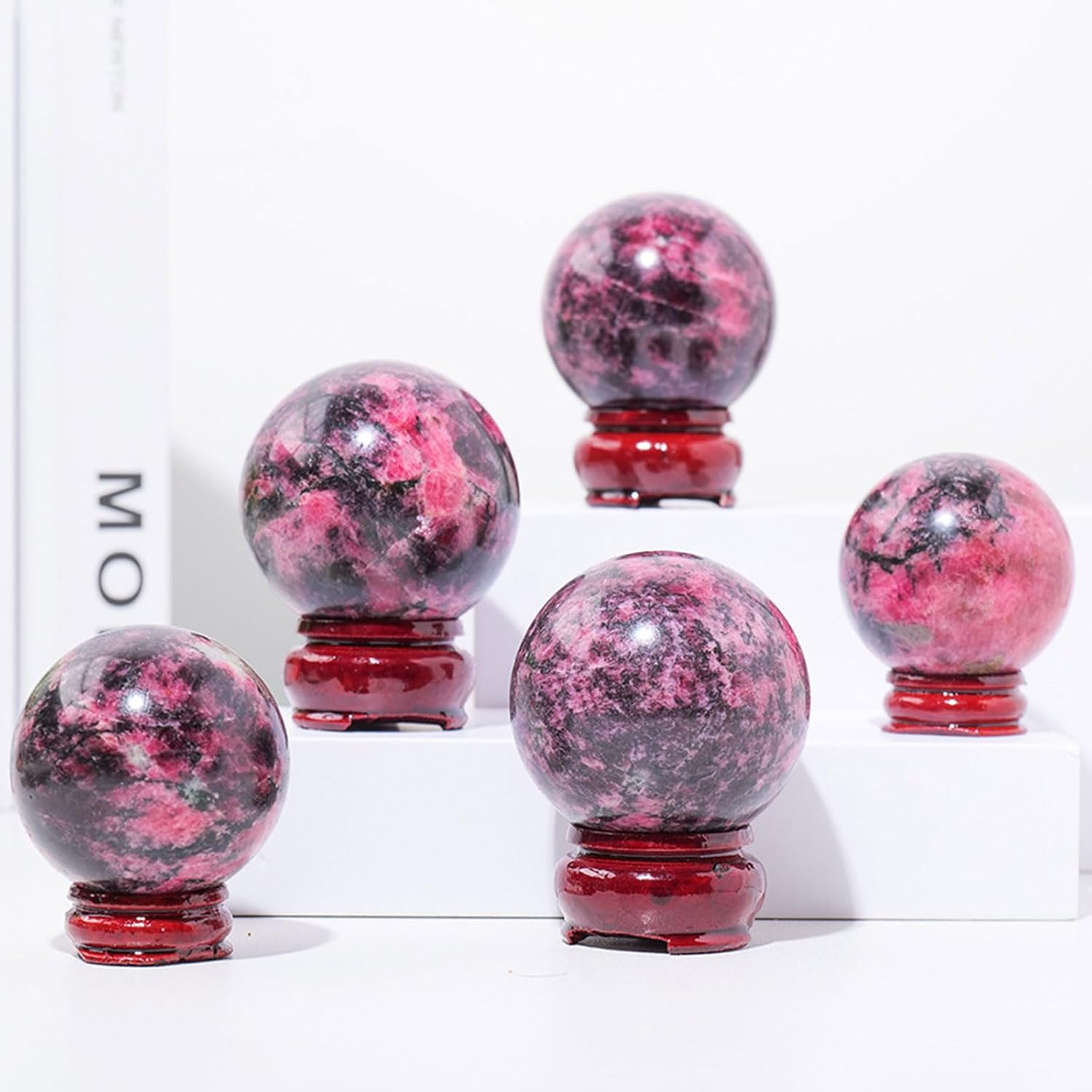 Natural Rhodonite Crystal Ball with Wood Stand