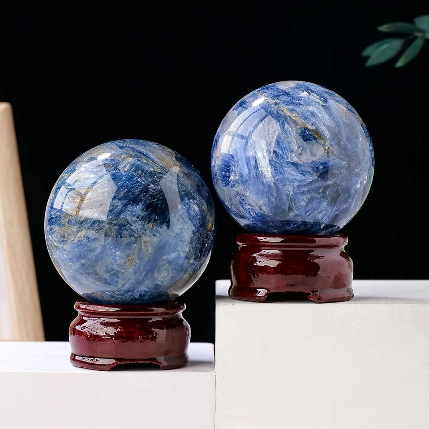 Blue Kyanite Crystal Sphere with Wood Stand for Reiki Meditation