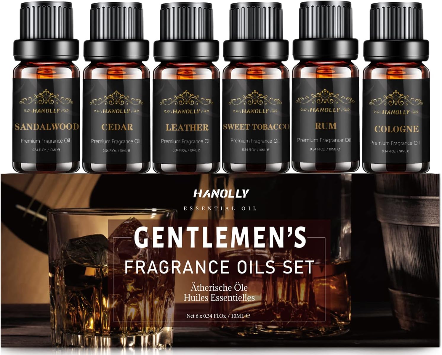 Mens Essential Oils Set 6x10ML - Sandalwood Cedar Leather Sweet Tobacco Rum Cologne