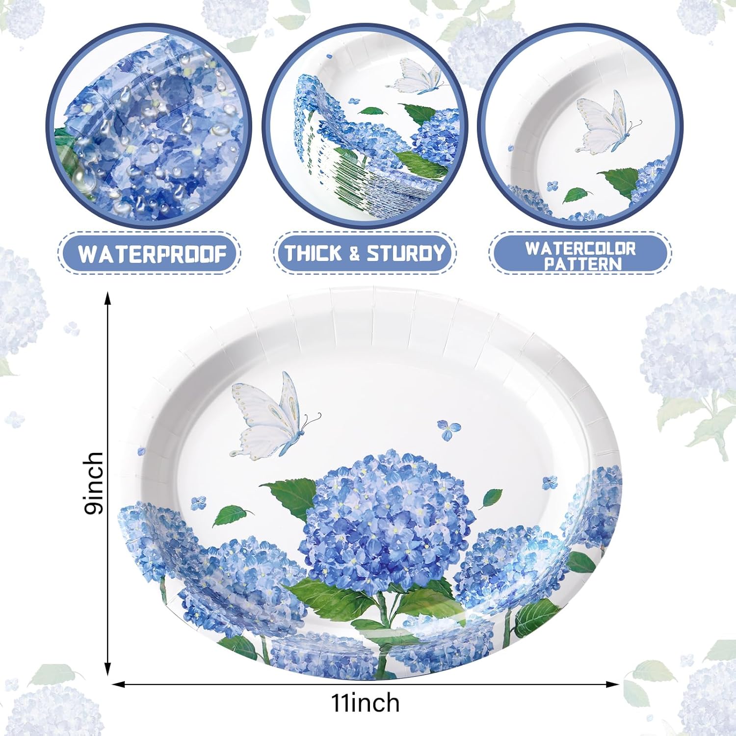 50 Pcs Blue Hydrangea Oval Paper Plates for Summer Parties