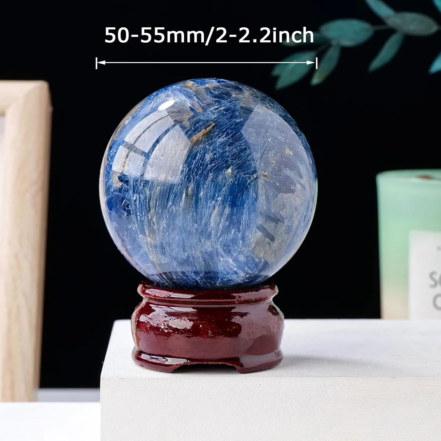 Blue Kyanite Crystal Sphere with Wood Stand for Reiki Meditation