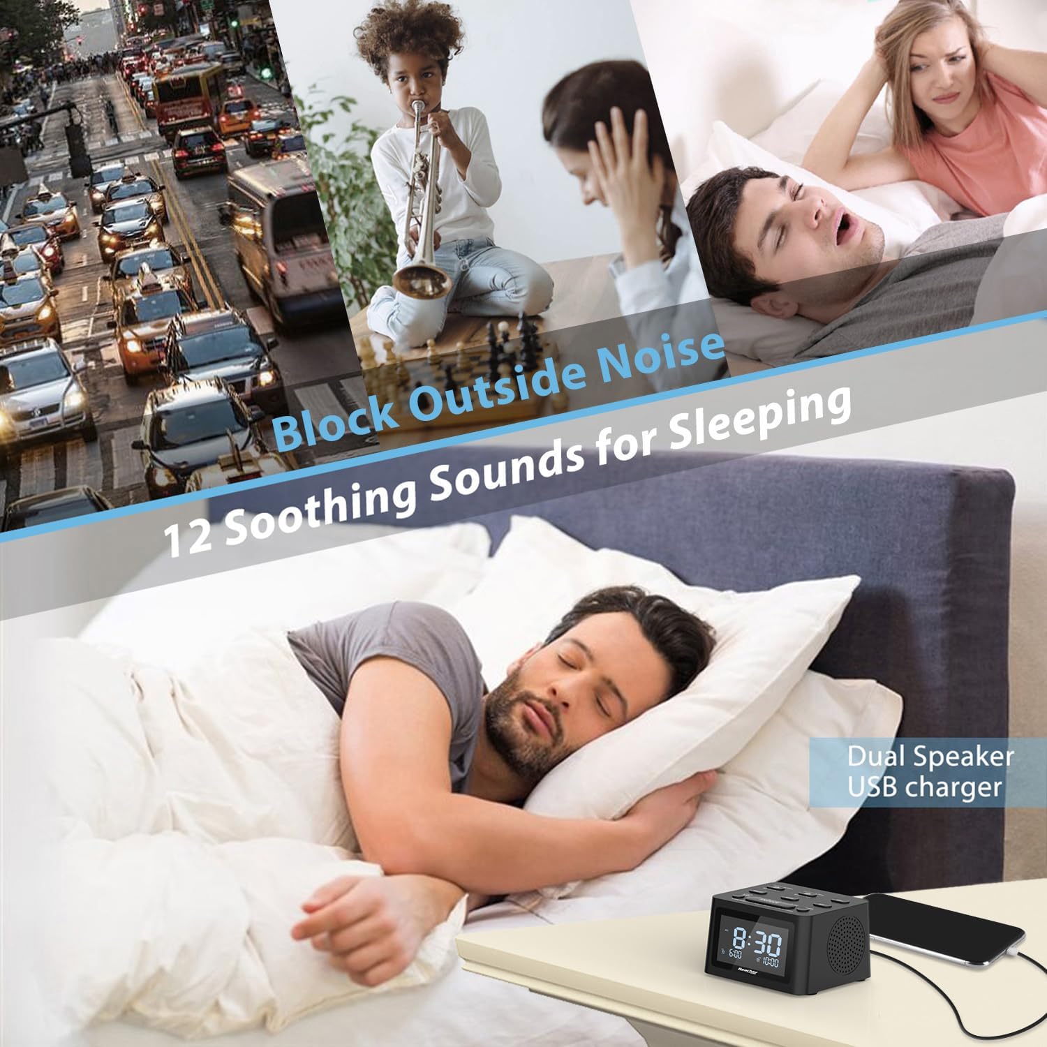 REACHER Dual Alarm Clock with Sleep Sound Machine and USB Charger