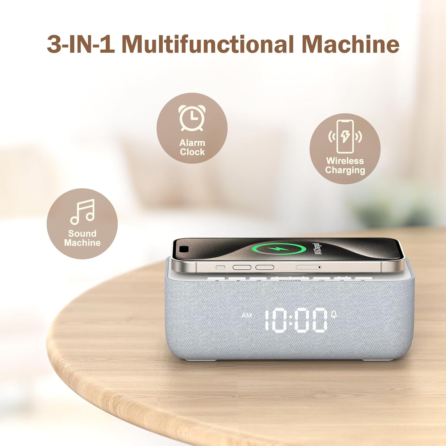 REACHER 15W Fast Wireless Charging Alarm Clock with White Noise Machine