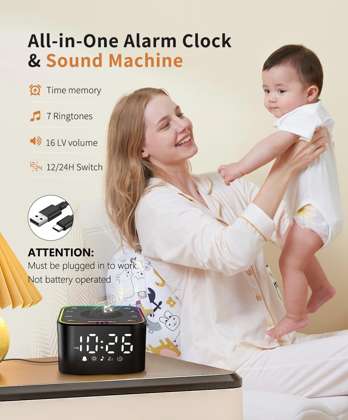 White Noise Sound Machine with Digital Clock and RGB Night Light