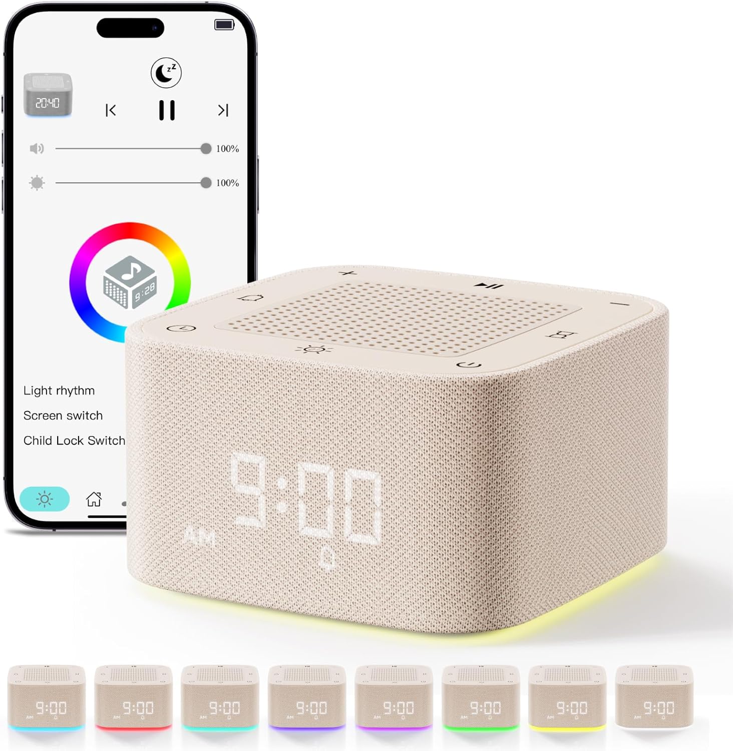 Augnner Sound Machine Alarm Clock with 32 Sounds and 8 Night Lights